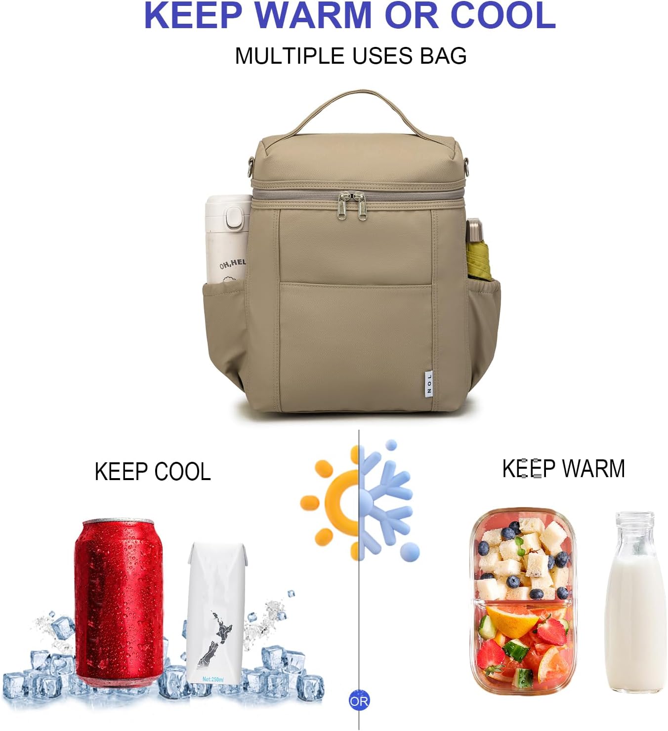 NOL Natural Organic Lifestyle Insulated Lunch Bags for Women Cooler Bag Lightweight Nylon Waterproof Lunch Box For Work (Khaki, Large) - Image 2