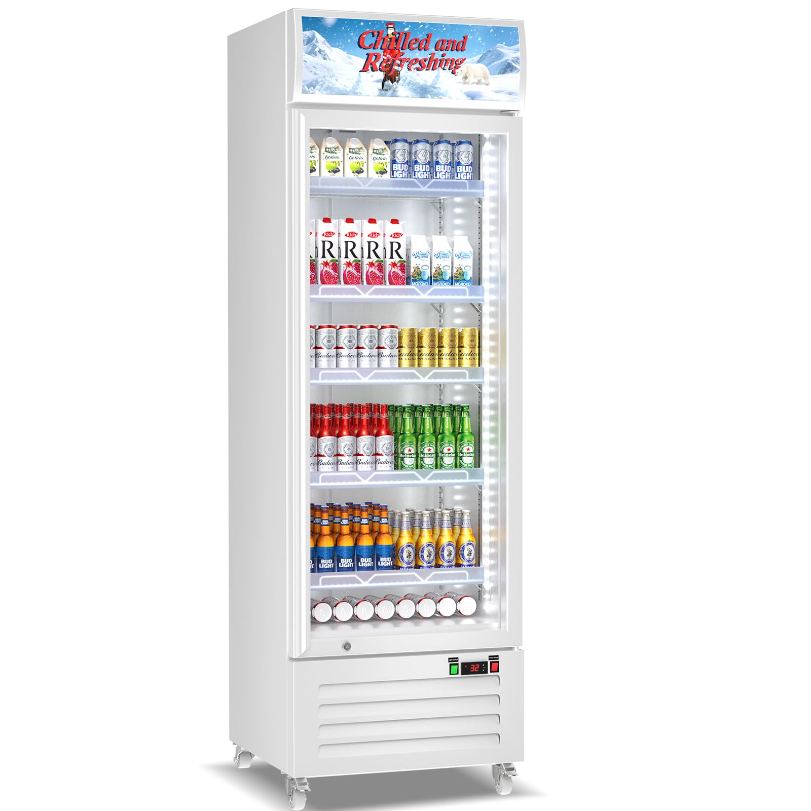 Tylza Commercial Refrigerator with Glass Door Display Beverage Fridge, 13.52 Cu Ft Upright Beverage Cooler Merchandiser with Rebound Door, Fast Cooling, Low Noise, White