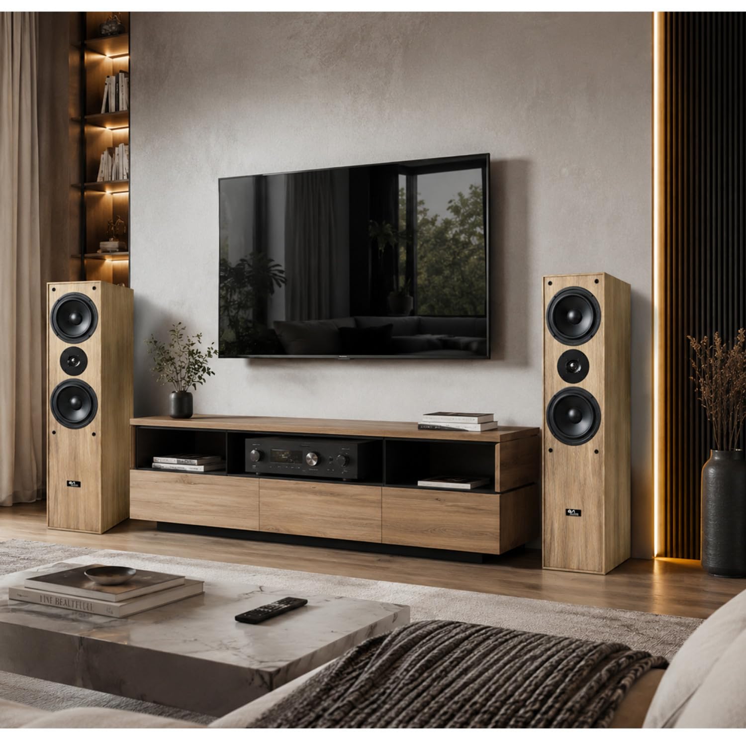 Evidence Acoustics EA700-WOOD Pack Colonne HiFi Home-Cinéma 5.1 Karaoké 2x50W + 3x20W USB SD AUX DVD FM Chêne Clair