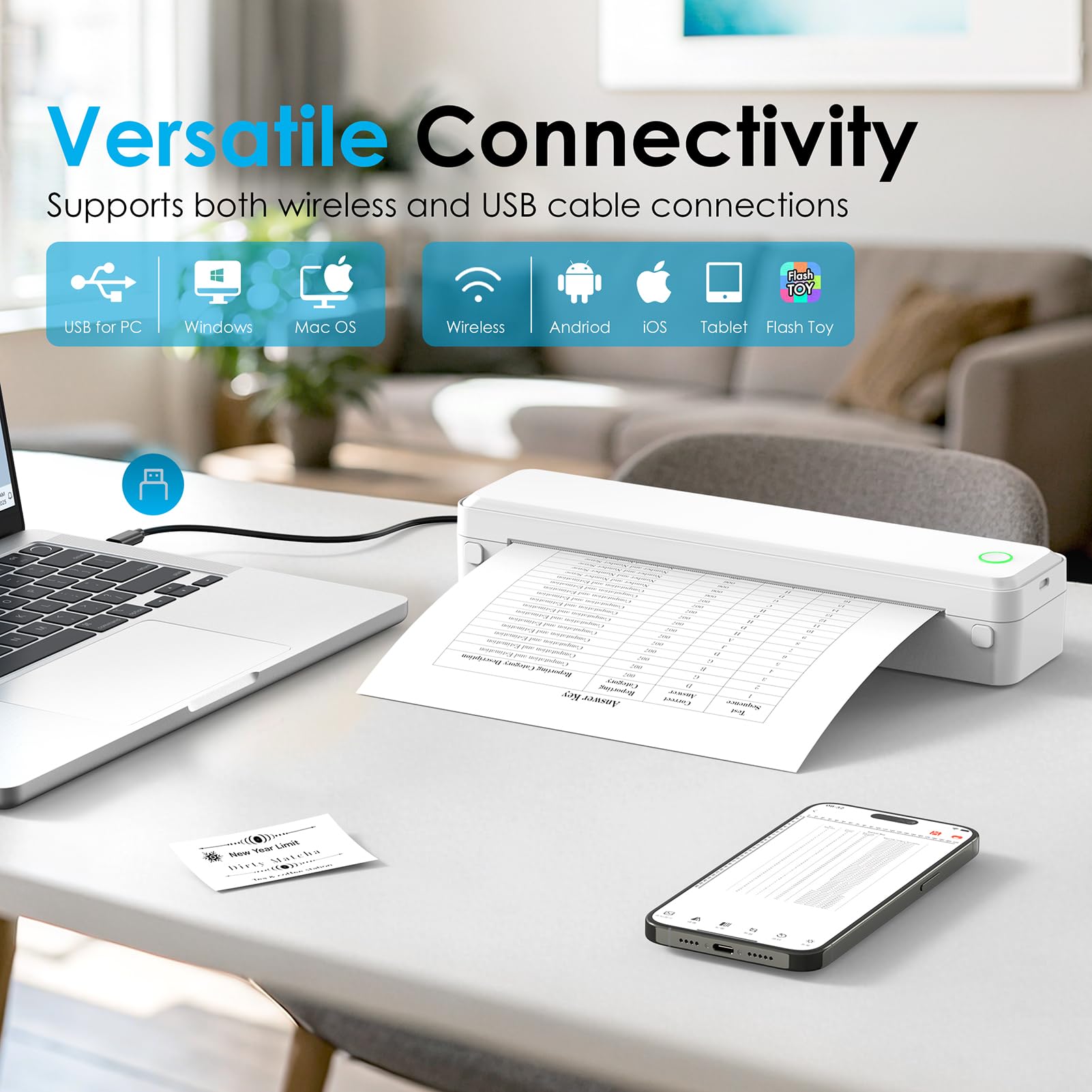 KNAON Stampante termica portatile, stampante Bluetooth wireless per viaggi, casa, ufficio e scuola, bianco
