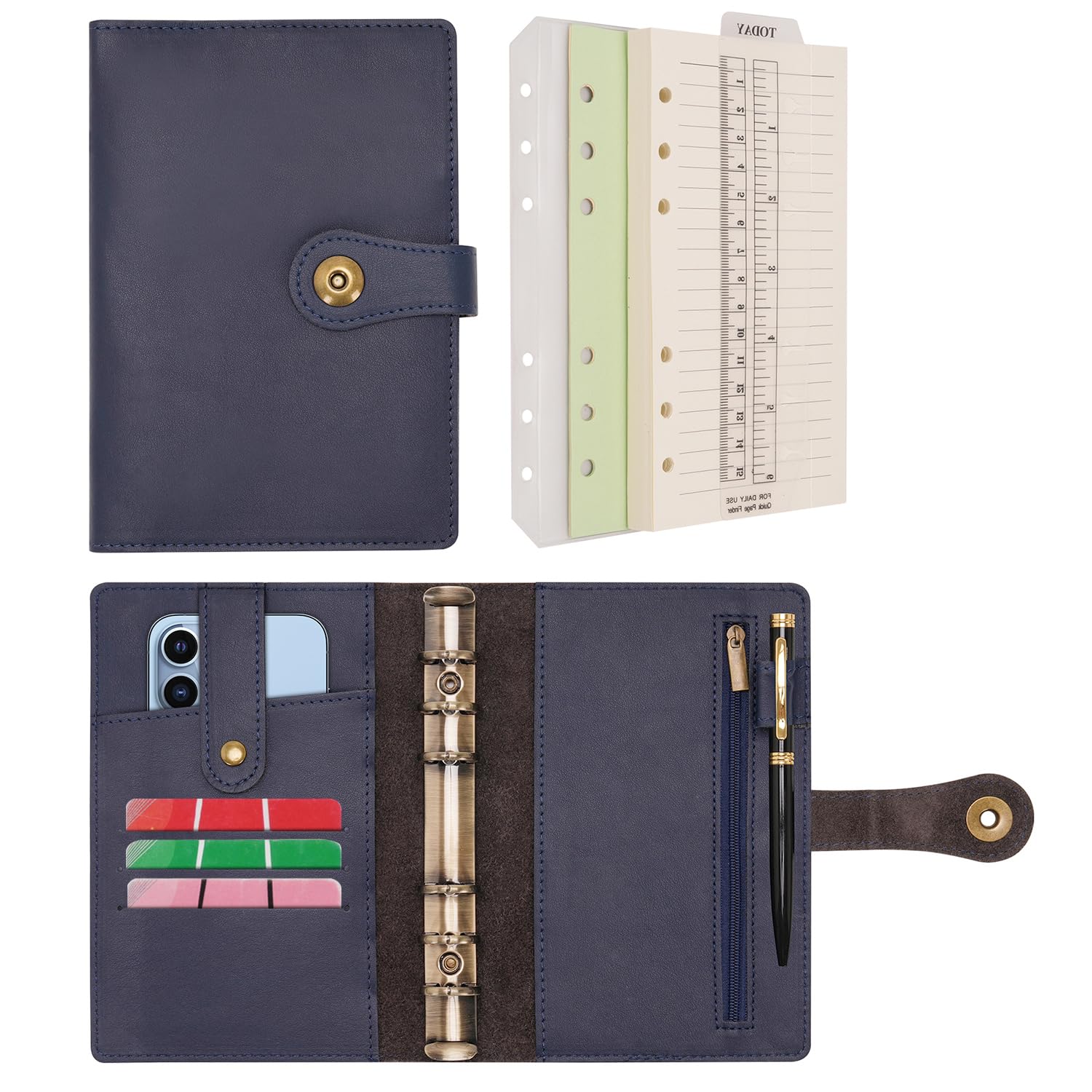 Wonderpool A6 Binder Journal Leather Spiral Notebook Refillable College Ruled Paper, Budget Binder Rings Diary Organizer with Pen for Office School