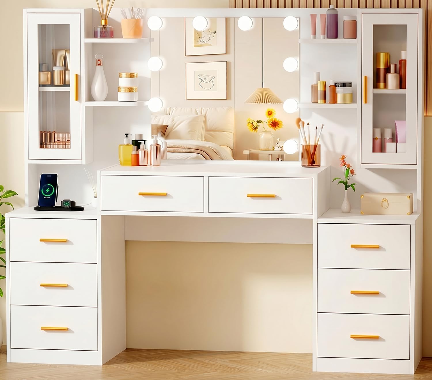 BEWISHOME Grande Toeletta Trucco con Specchio e Luci LED, Luminosità Regolabile, Postazione Trucco con Multipresa, Tavolo da Trucco Moderna con 8 Cassetti e Ripiani Aperti, Bianco, EFST65W
