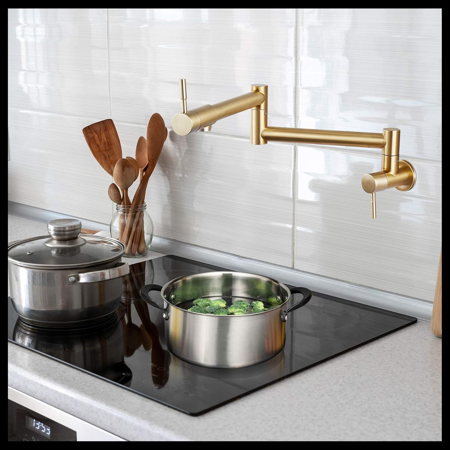 Exсluѕіvе Dіѕсоunt 90% Prісе ABMILLY Pot Filler Brushed Gold Wall Mounted Folding Stretchable Kitchen Restaurant Sink Faucet with Double Joint Swing Arm Single Hole Two Handles Commercial NPT Stainless Steel