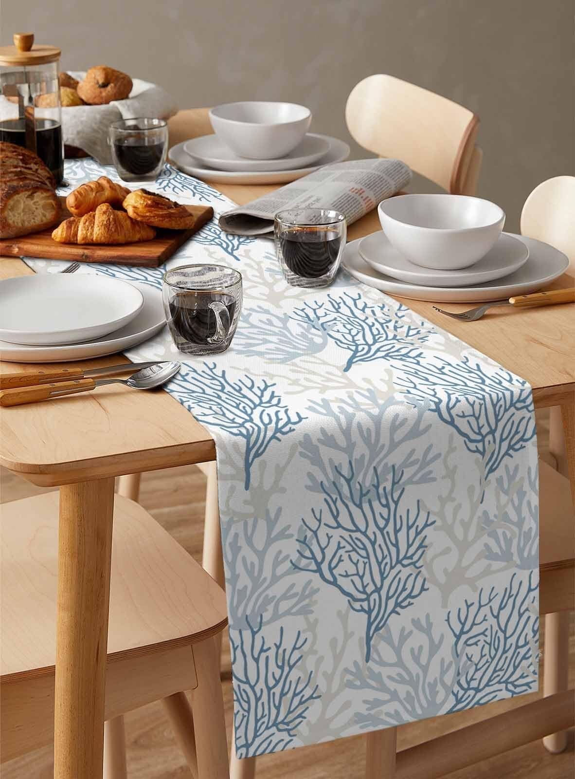 Chemin de Table en Coton et Lin Bleu Corail 13"x60" - Parfait for Une décoration sur Le thème de la Plage en été(Blue Grey Coral,13x60 inch)