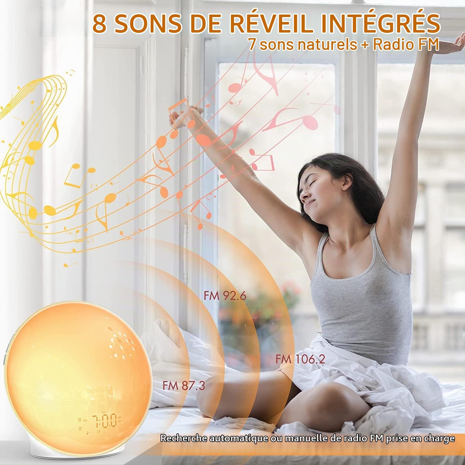 Réveil lumineux pour gros dormeurs, chambre à coucher, radio-réveil plein écran avec simulation de lever de soleil, 3 modes d'éclairage, répétition, double alarme, 8 sons naturels