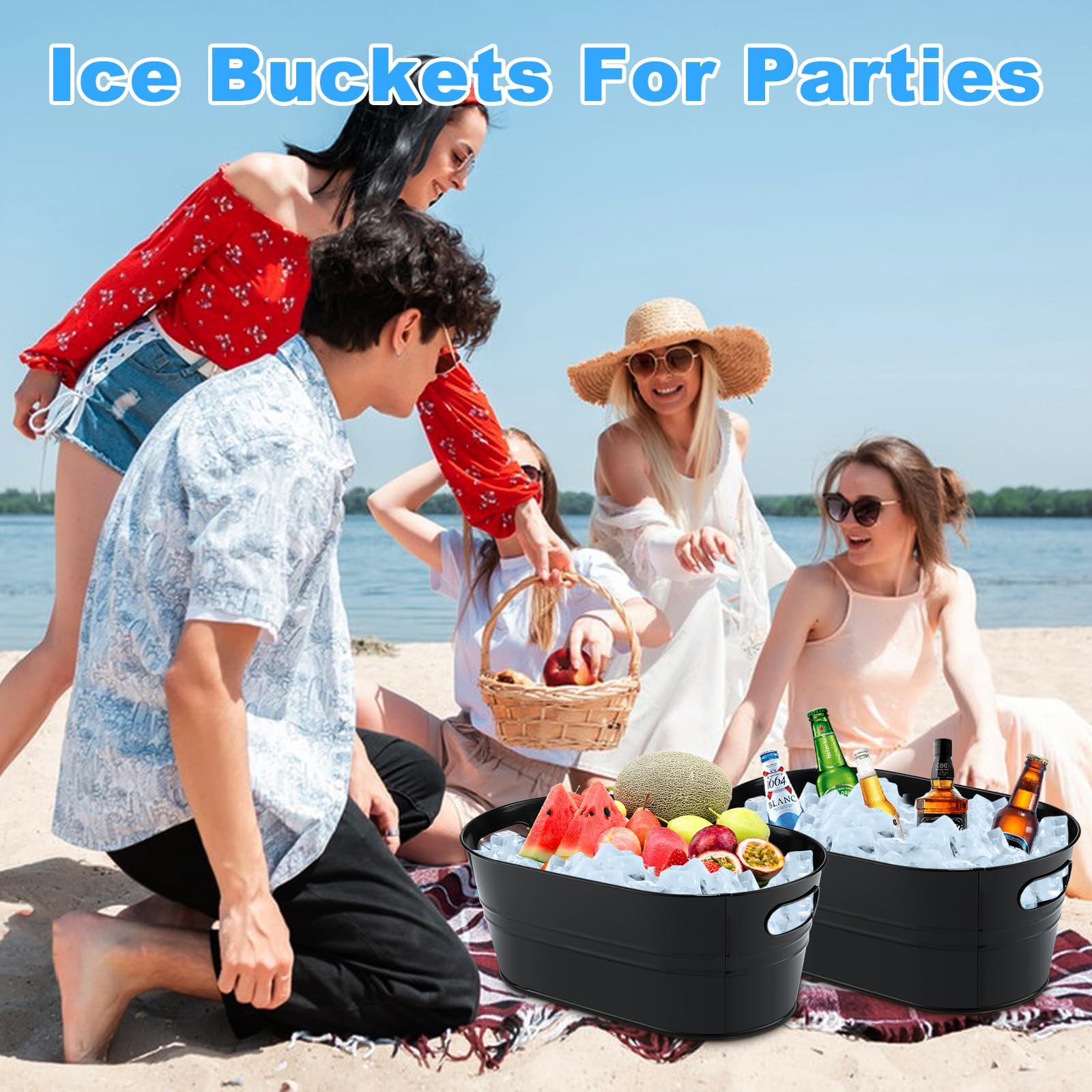 Paquete de 4 cubos de acero galvanizado para bebidas con asas, ideal para fiestas, barbacoas y bares, botellas de refrigeración, latas de cerveza o refrescos