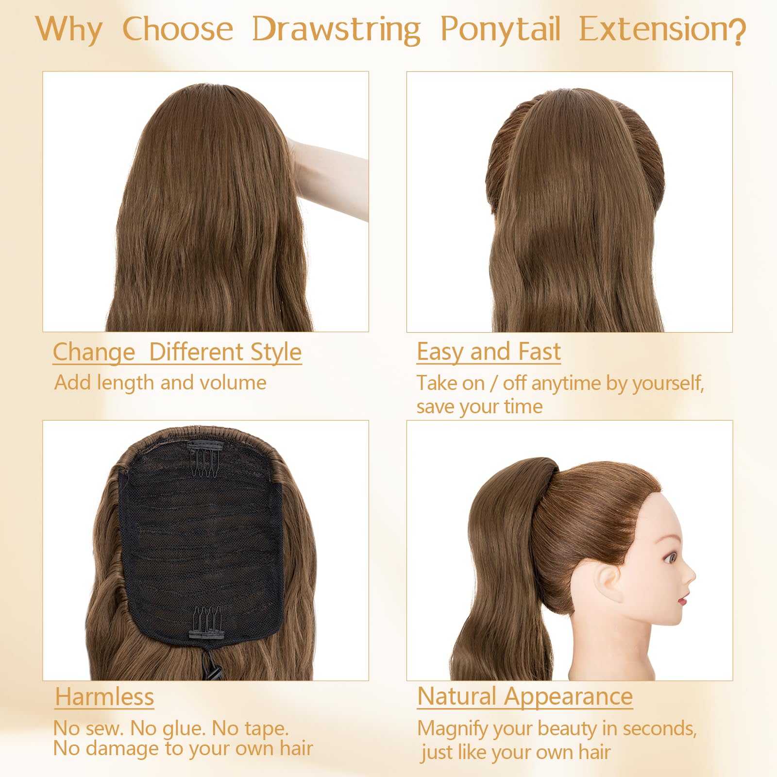 Benehair Ponytail Extensions 24 Inch Long Curly Wavy Drawstring Ponytail Synthetic Clip in Ponytail Hair Extensions Middle Brown Hairpieces for Women(Middle Brown - Image 3