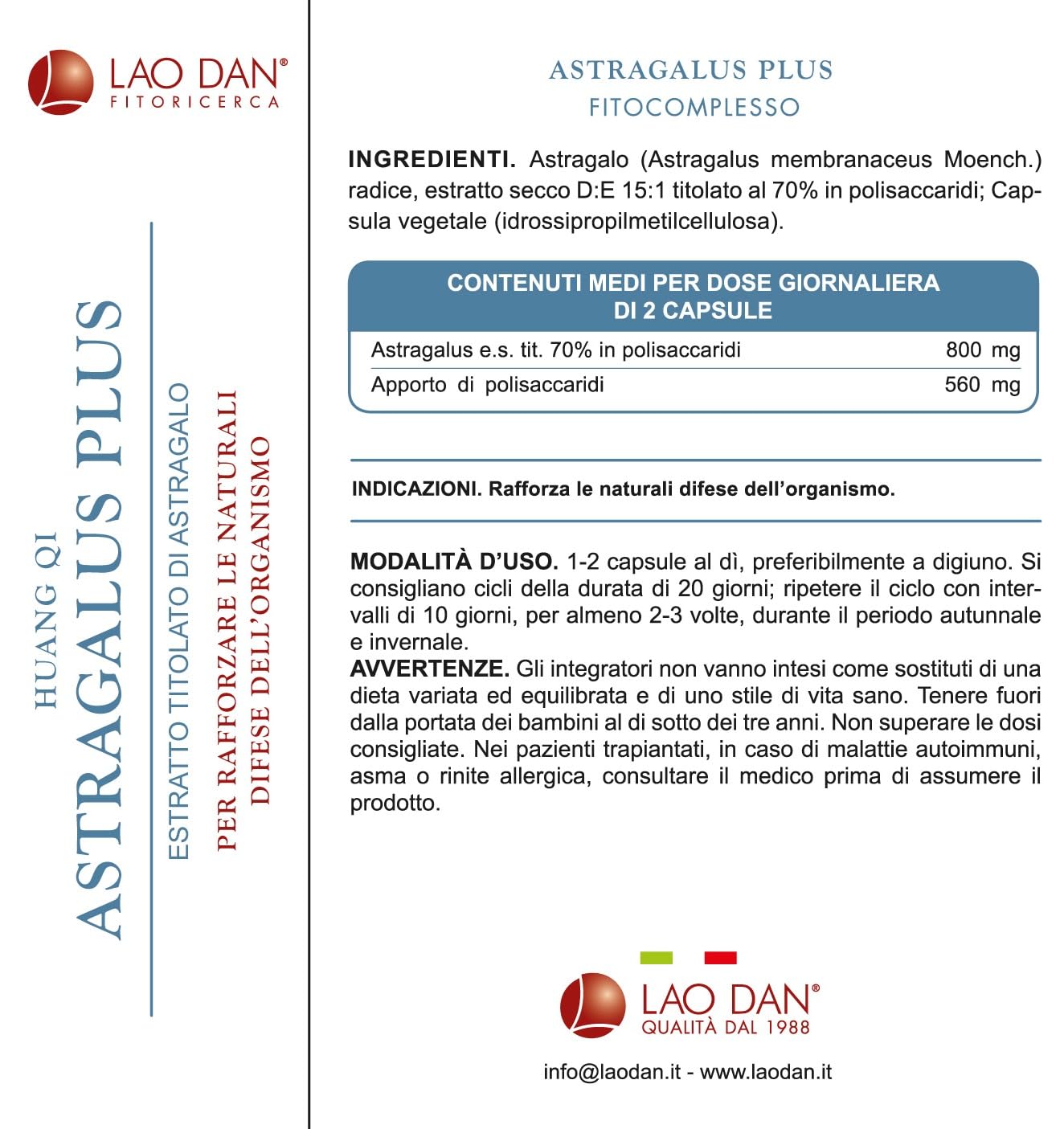 ASTRAGALUS PLUS da Fitoricerca Lao Dan® Astragalo Integratore Difese Immunitarie Nuova Formula 70% Polisaccaridi Estratto Premium Quality 100% Naturale Zero Eccipienti Made in Italy