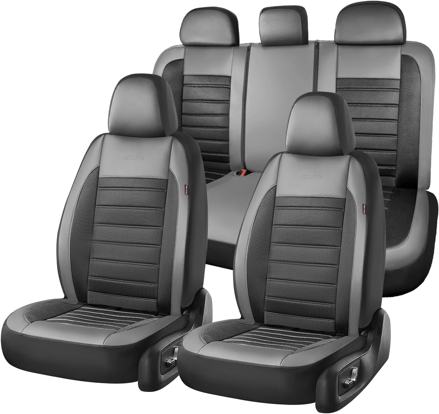 Coverado Car Seat Covers Full Set, Luxury Leather Car Seat Protector, Automotive Front and Rear Mesh Seat Covers, Full Set 5 Seats, Black Gray Seat Cushion for SUV Sedan Truck