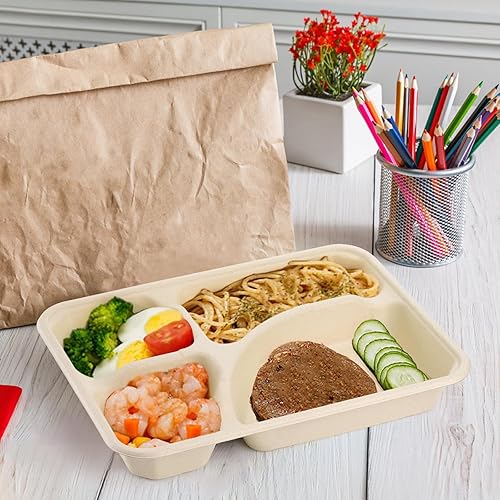 Miniatura 7 de Lyellfe Paquete de 50 platos de papel compostables, plato de caña de azúcar natural de 4 compartimentos, bandeja de almuerzo resistente, plato