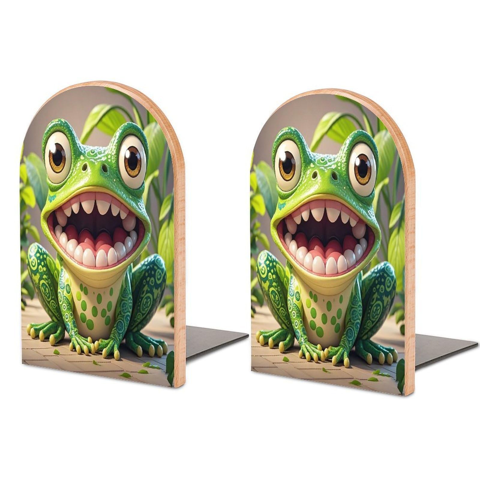 Frog with Mouth Open Cartoon Bookend for Shelves Wooden Book End Sturdy Book Holders Stoppers with Metal Base for Bookshelves Slick Decorative Bookends Stands