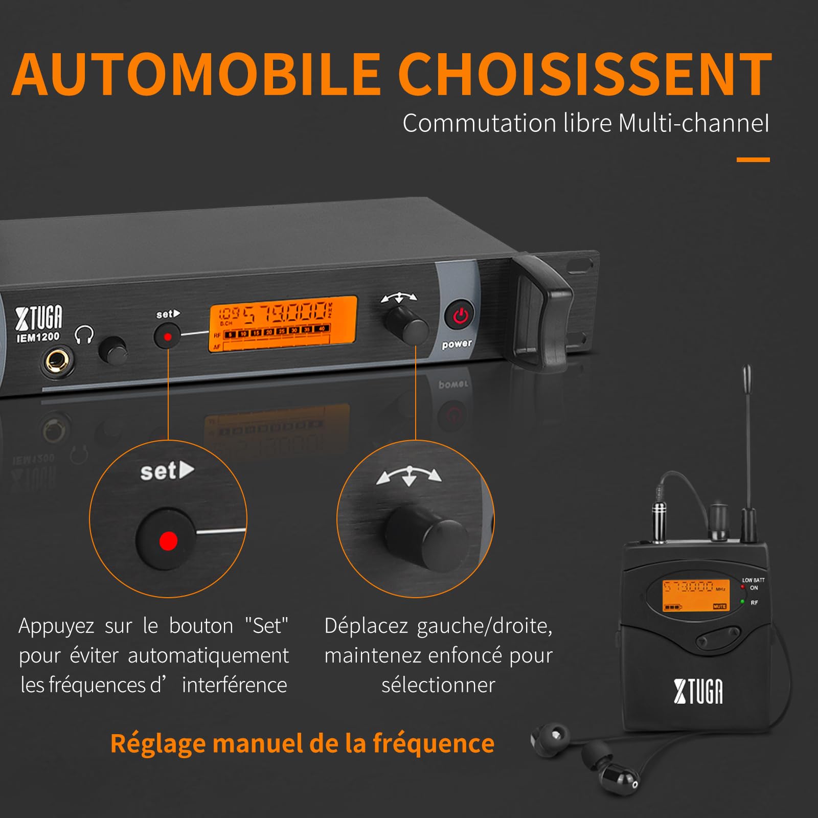 XTUGA IEM1200 - Sistema di monitoraggio wireless in Ear a 2 canali 6 Bodypacks con cuffie tipo wireless utilizzato per palcoscenico o studio, trasmissione in diretta, amplificatore per chitarra (6