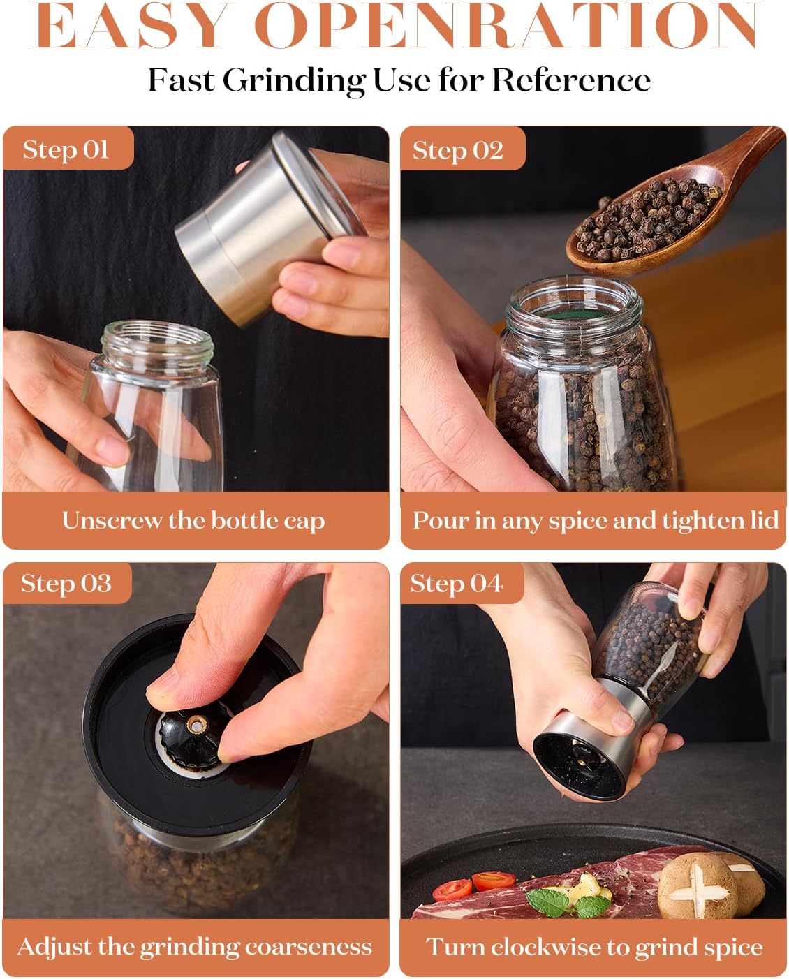Salt and Pepper Grinder 2pcs Black Pepper Mill Refillable Manual Stainless Steel Lid Adjustable Coarseness Glass Material Fits in Home Kitchen Barbecue