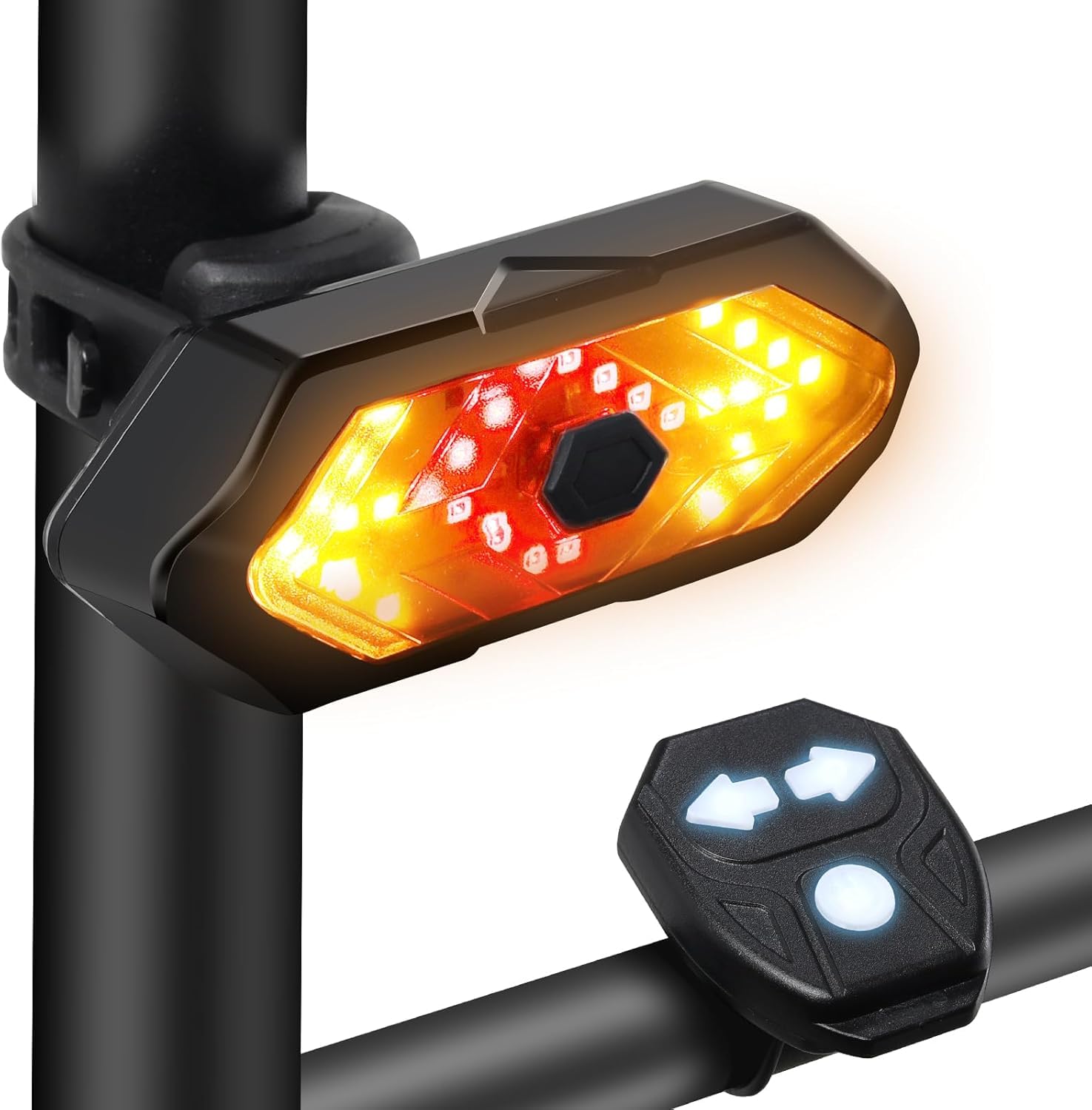 EBUYFIRE Feu Arrière Vélo avec Clignotants et Télécommande - 5 Modes LED, IPX4 Étanche, USB Rechargeable, Klaxon Intégré, Montage Universel