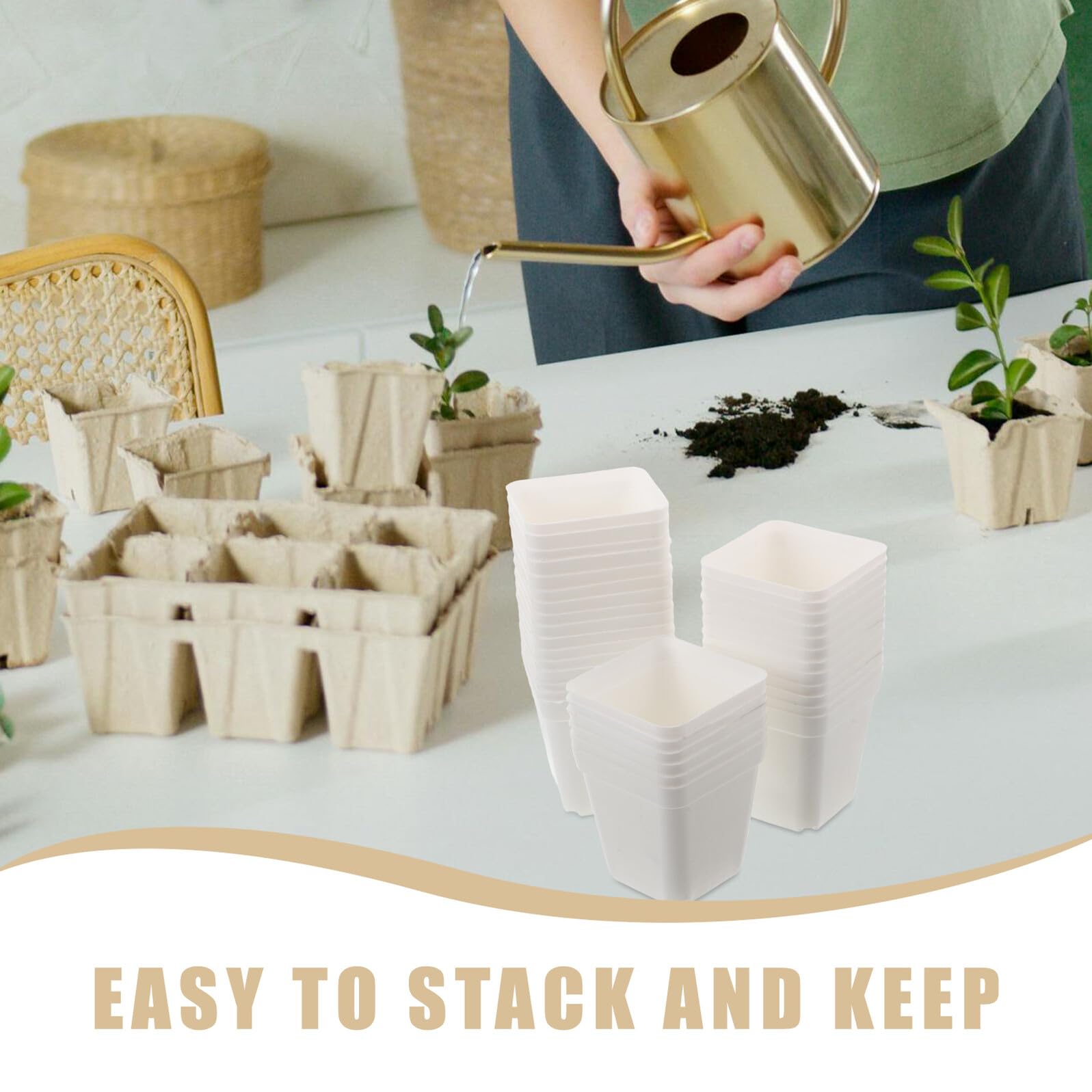 jojofuny Lot de 100 Pots Carrés en Plastique Blanc pour Pépinière Petits Godets de Semis avec Drainage Conteneurs de Propagation Compacts pour Jardinage D’Intérieur et Réutilisable