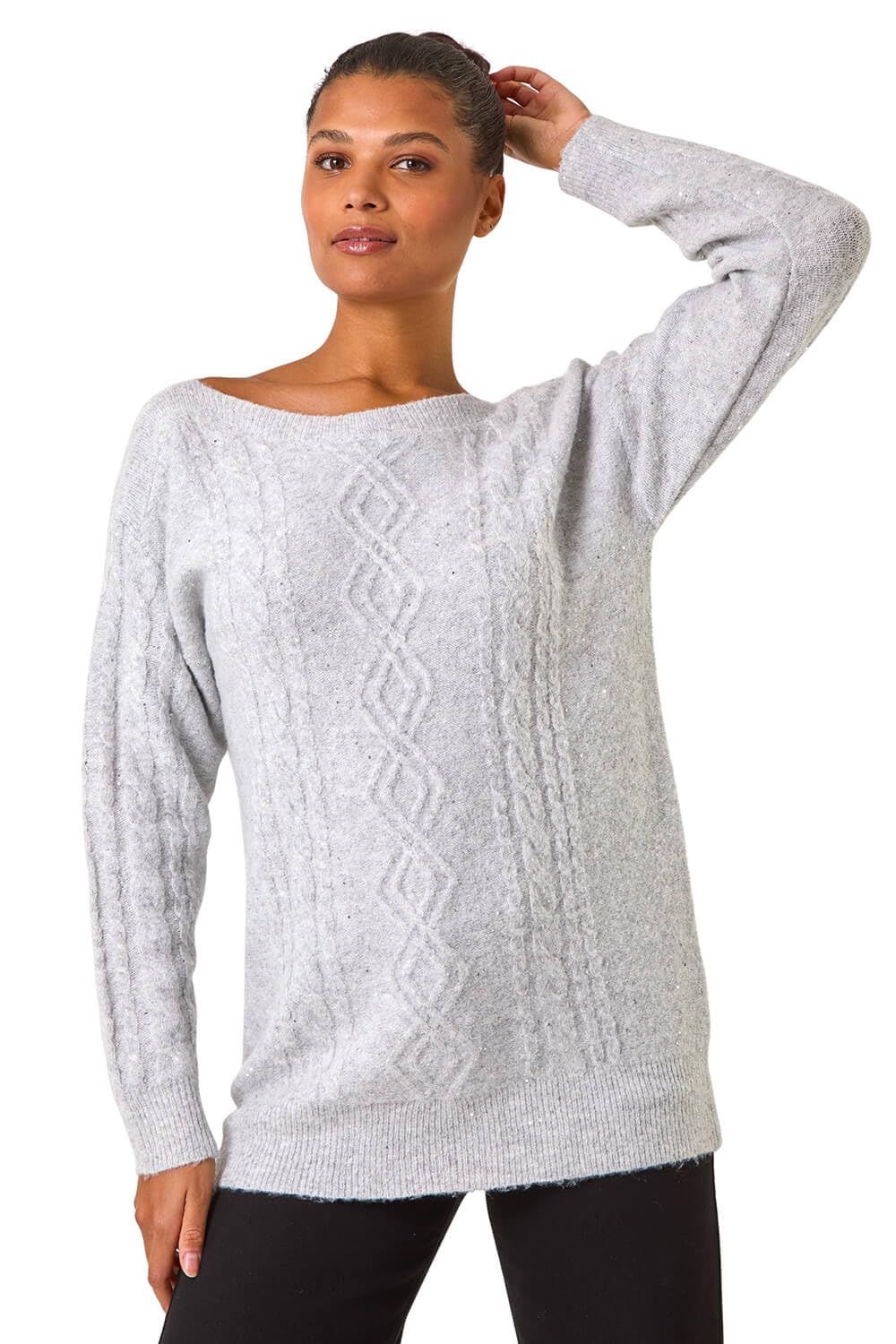 Roman Originals Women's Grey Sequin Cable Knit Jumper For Uk - Everyday Autumn Winter Round Neckline Comfy Soft Evening Vacation Work Party Night Out - Size 12