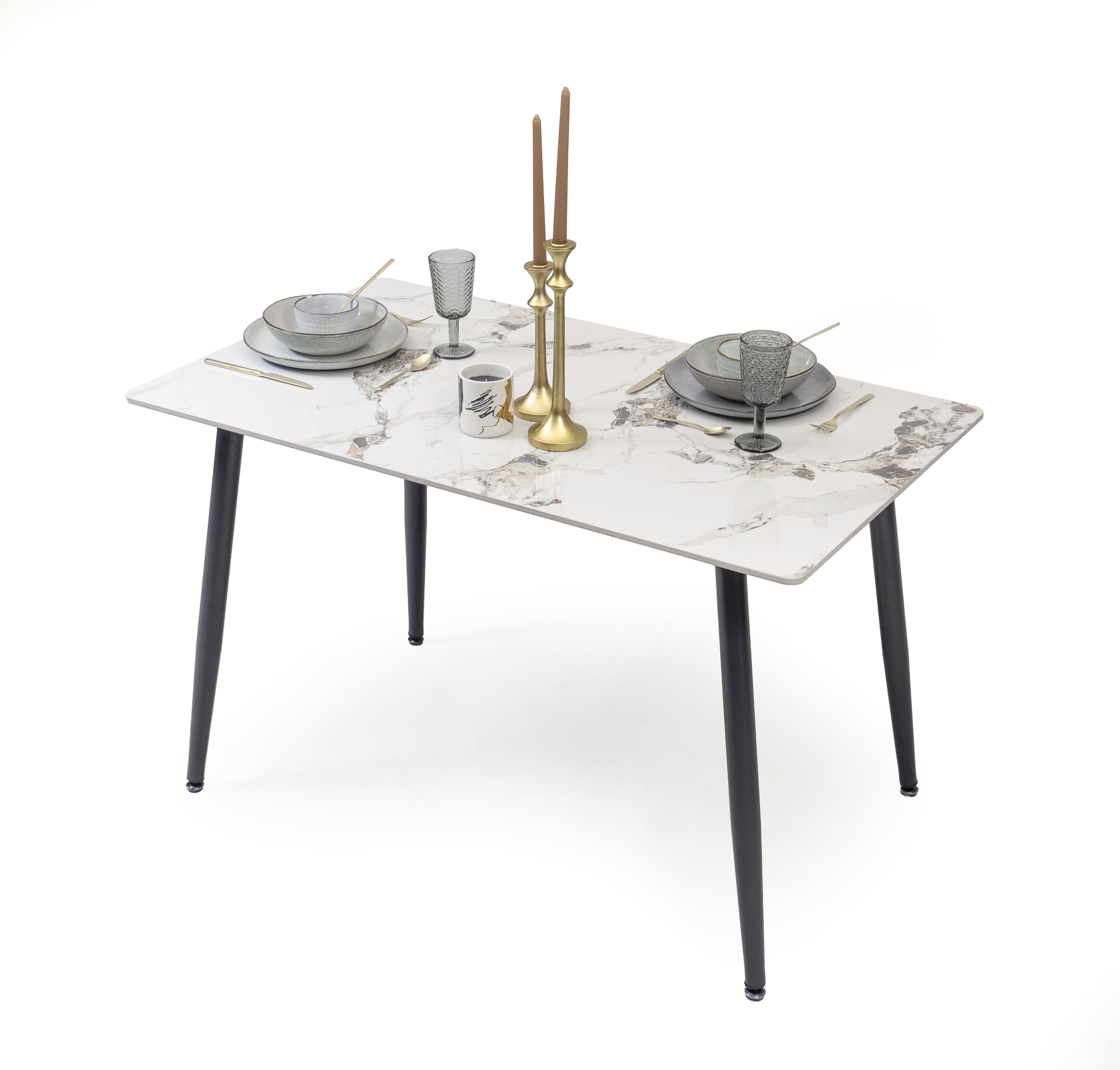 Homely® | Mesa de Comedor Cairo PK 120x70 cm. Tapa Porcelánico | Acabado Efecto Mármol Calacatta Gold | Patas Metálicas Negras | Mesa cerámica Cocina, Comedor, Escritorio (Blanco-Gold)
