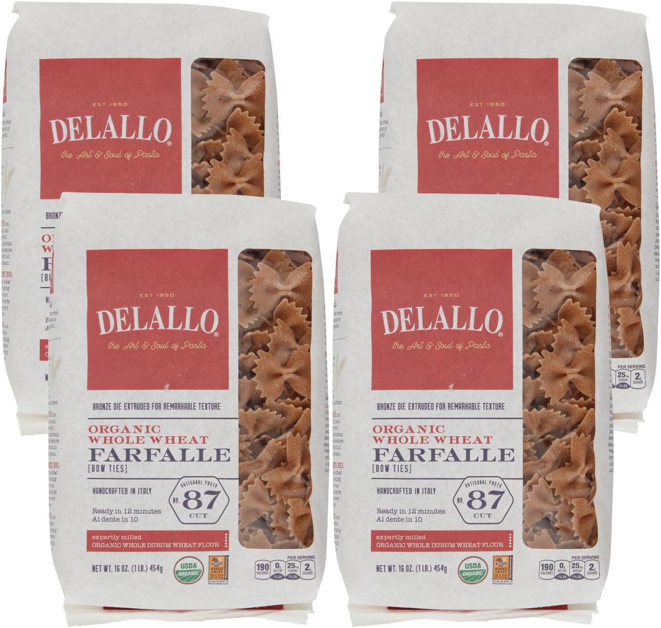 DeLallo Whole Wheat Farfalle Bowtie Pasta, 1 Pound Bag, 4 Pack, Whole Grain Noodles, 100% Organic, Imported from Italy, Made with Whole Durum Wheat