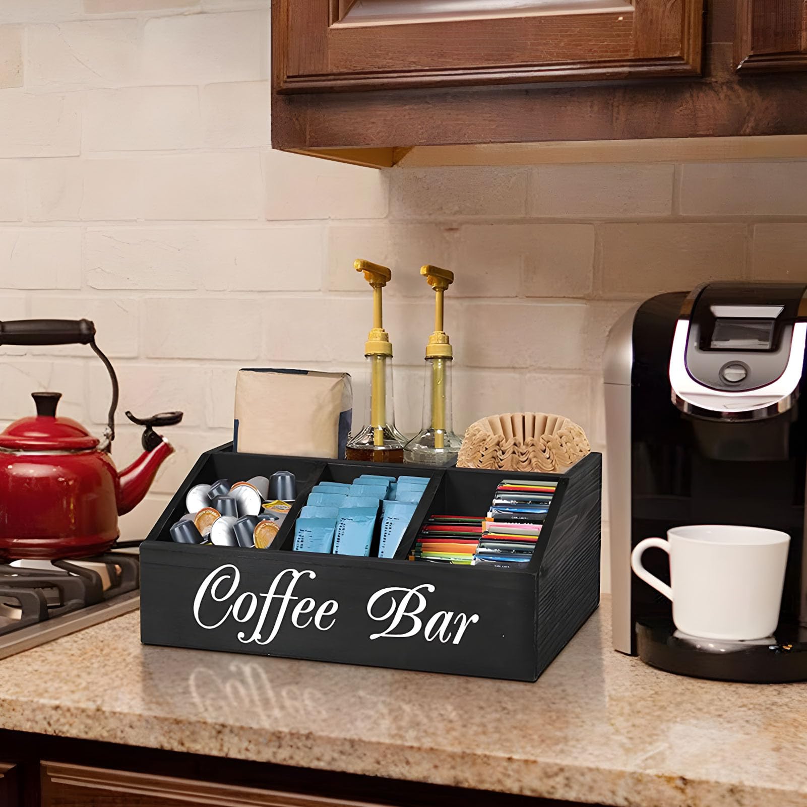 Générique Organizzatore Stazione Caffè - Cofanetto Tè, Bar Caffè | Scaffale da cucina in legno per zucchero, crema, tè, cestino portaoggetti da bancone per panetteria, ufficio
