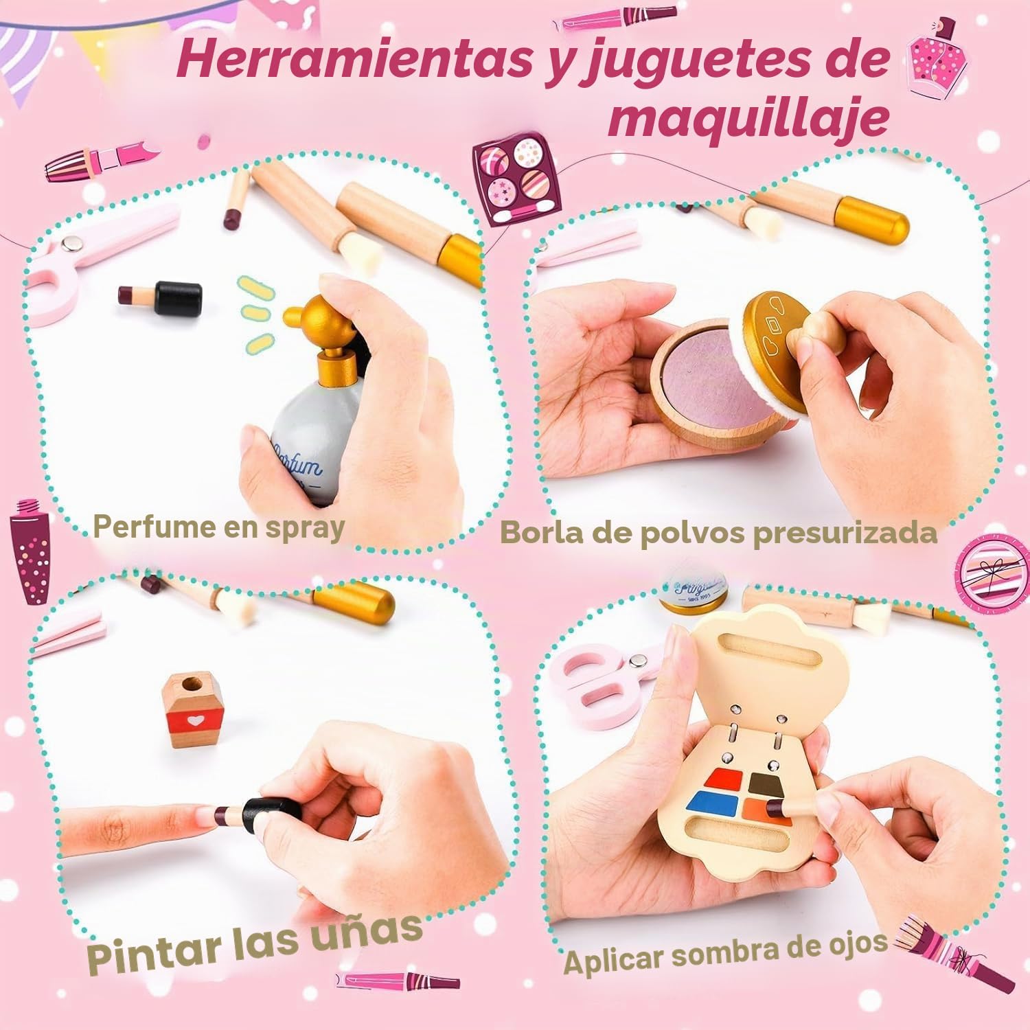 Set Maquillaje de Madera Niña,Set Maquillaje Niñas,Juguete con Neceser de Maquillaje,Conjunto de peluquería,Maquillaje Juguete de Madera,Juego de Roles,Regalo para niñas de 3 4 5 6 7 8Años