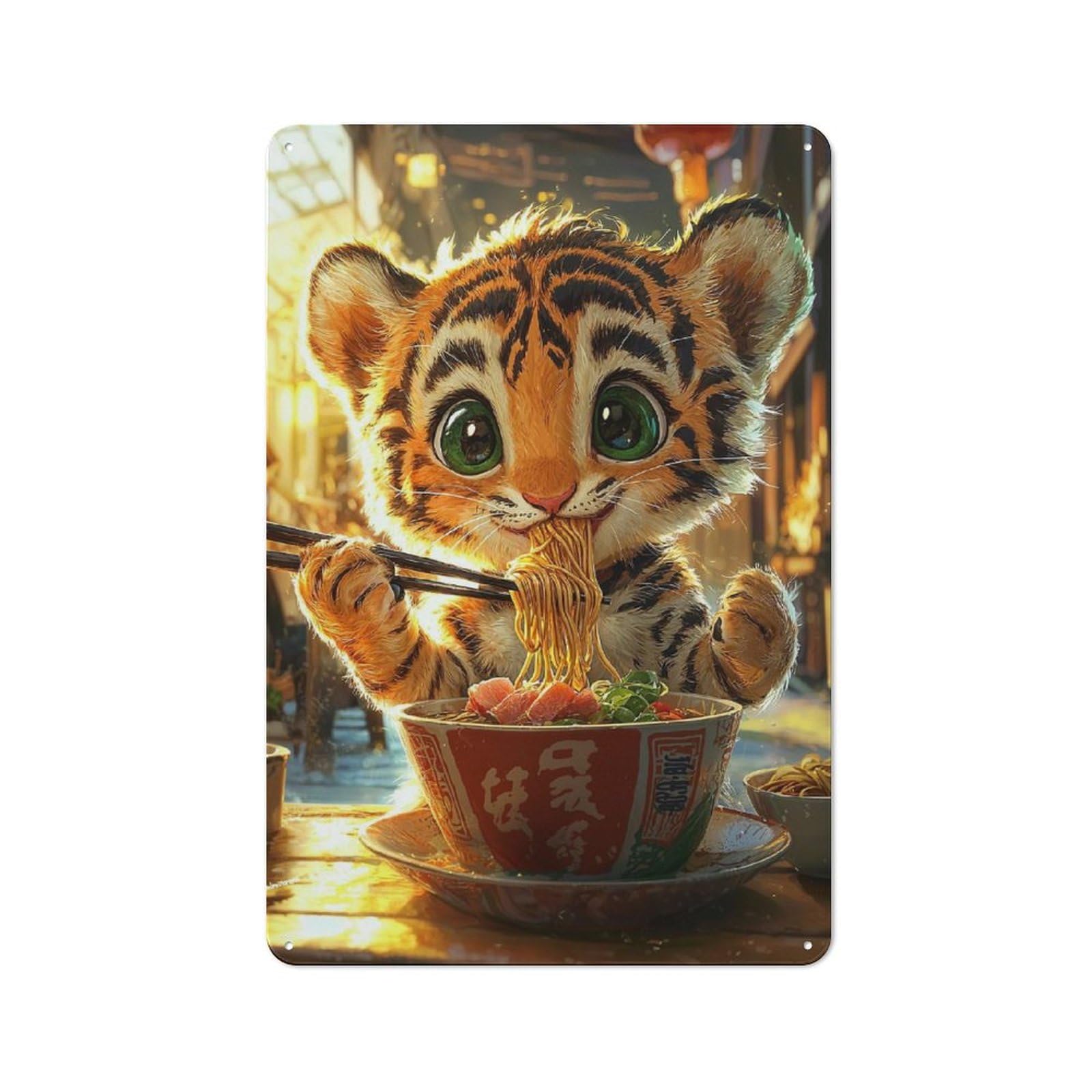 Junmoney Style-21 30X20cm Rustic Tin Sign With Tiger Eating Ramen For Studio Or Craft Room, Tin Sign Wall Decor For Studios And Craft Rooms
