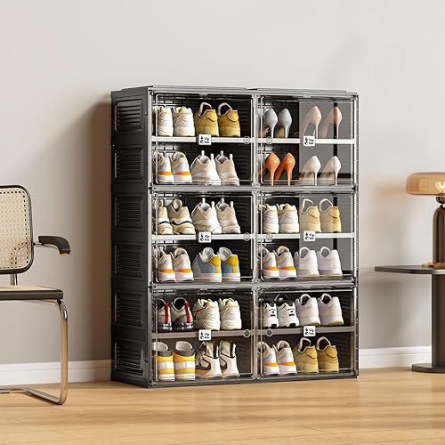 Miniatura 6 de Organizador de zapatos negro para entrada de armario, cajas de almacenamiento transparentes apilables para zapatos con puerta, fácil montaje,