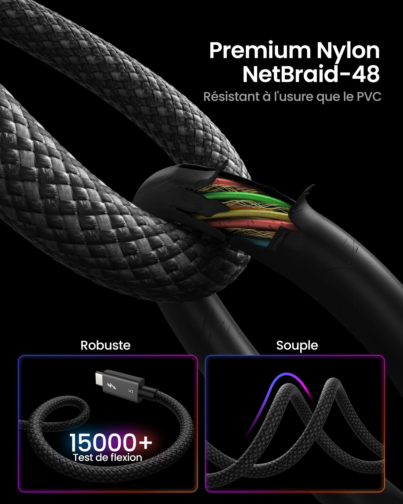 Silkland Certifié Intel 80Gbps Câble Thunderbolt 5 1M Prime Tressé, jusqu'à 120Gbps avec Bandwidth Boost, Dual 8K/6K, Charge Rapide 240W, Compatible avec Thunderbolt 4/3, USB4, MacBook M4 Pro, SSD