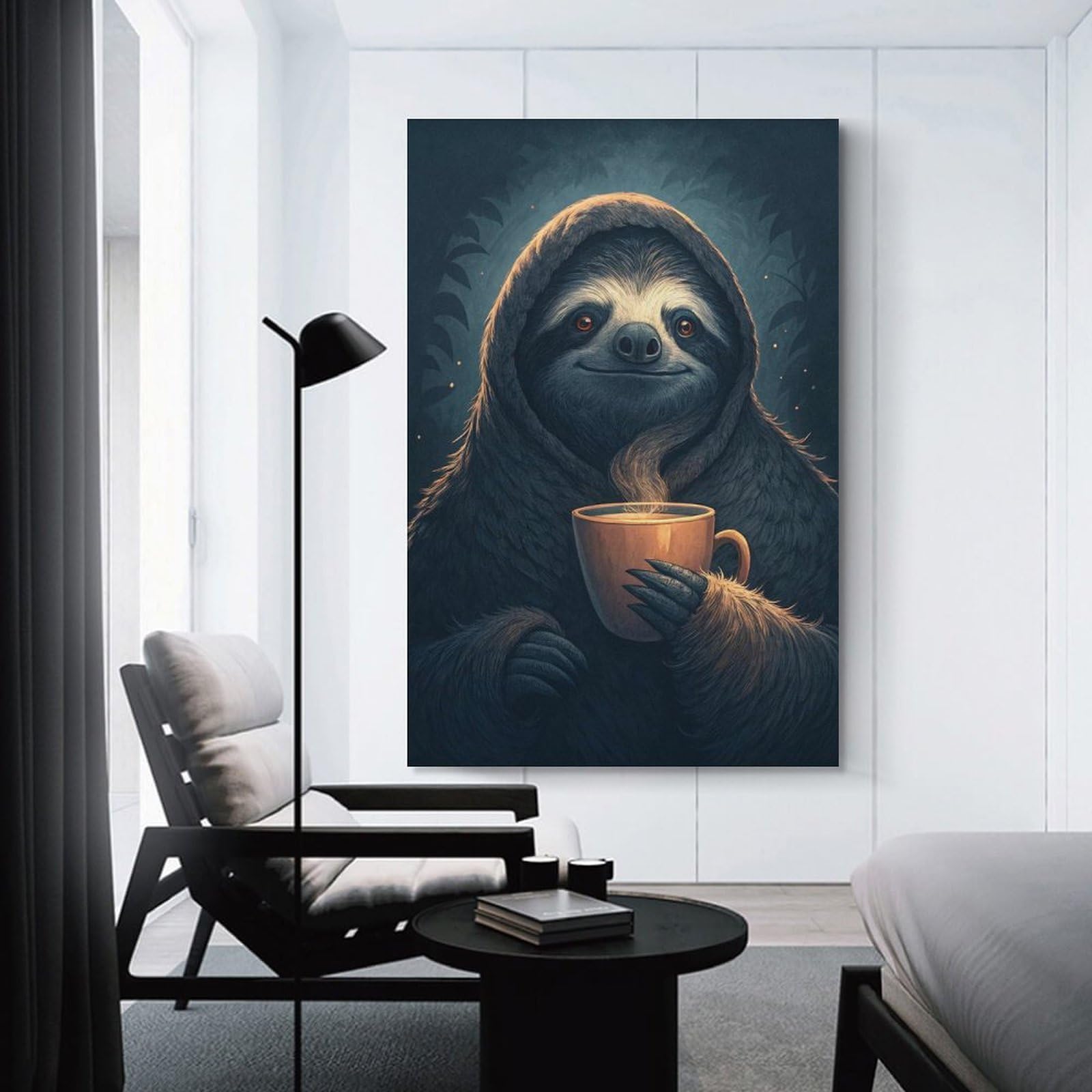 Junmoney Sloth Enjoying A Hot Drink Wall Picture Print 24x36inch(60x90cm), for Home Office, Desk Area Or Studio, Home Office Artwork with Decorative Appeal