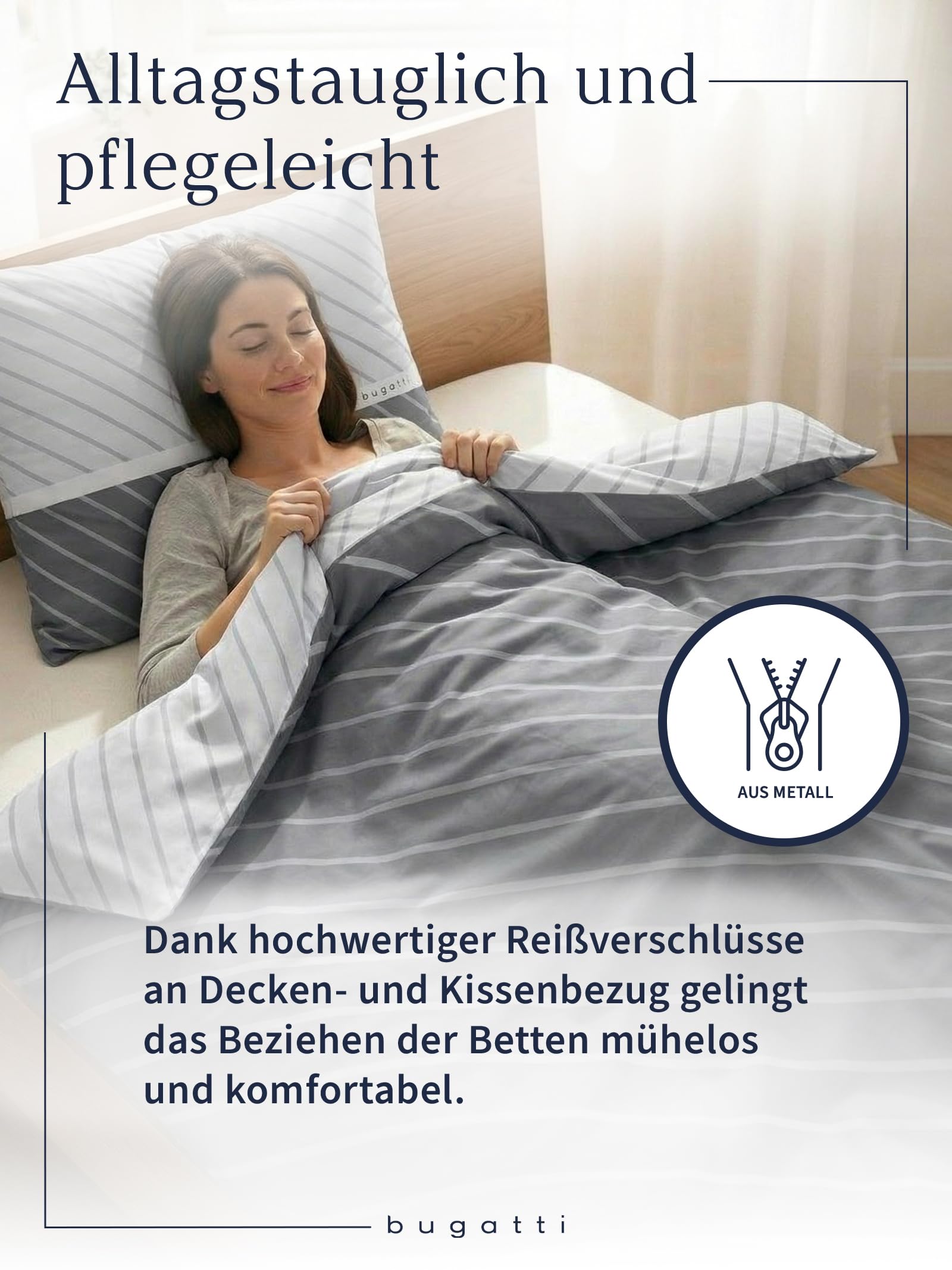 bugatti Bettwäsche 135 x 200 cm - 100% Baumwolle, Reißverschluss, anschmiegsam, weich & waschbar, Mako Satinbettwäsche gestreift grau