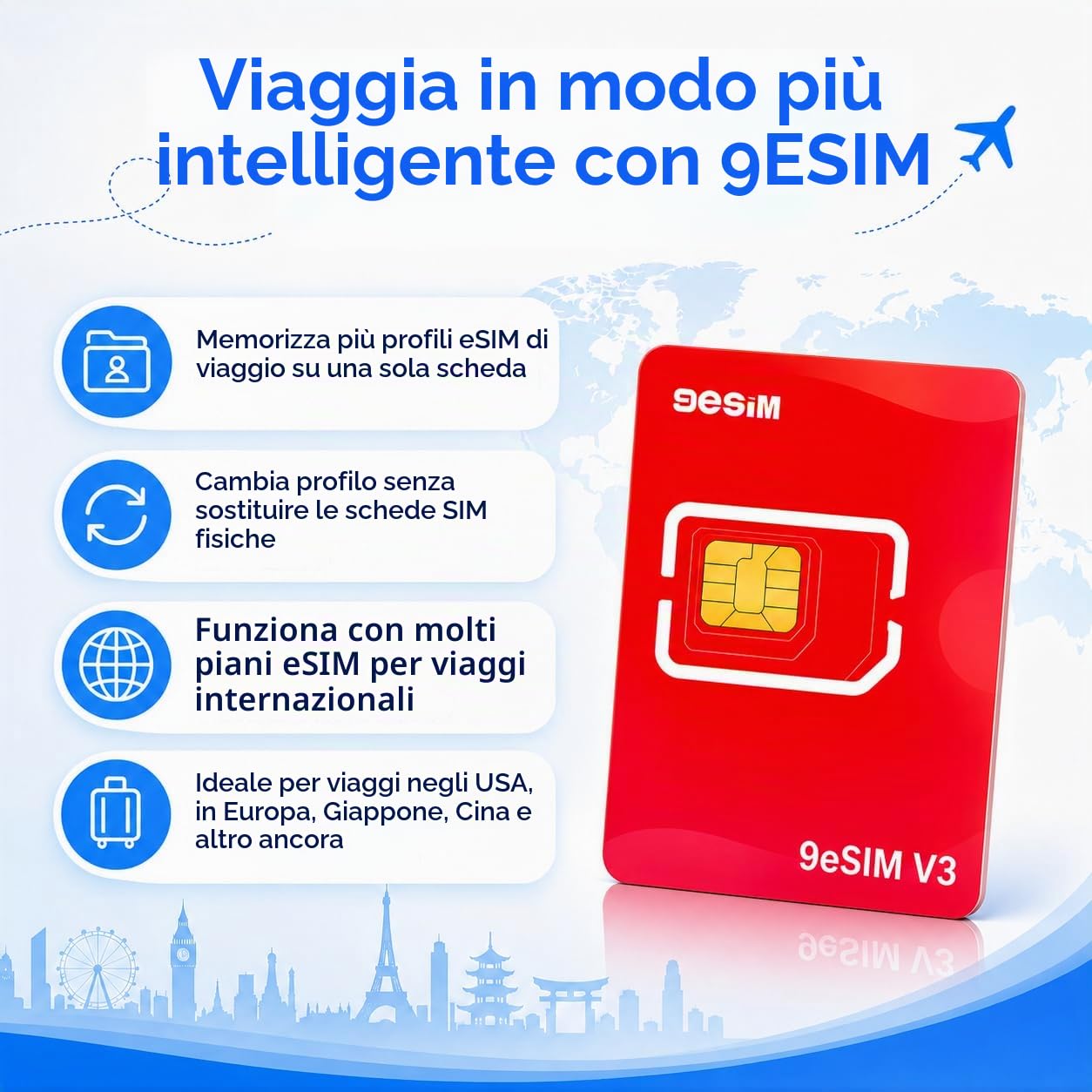 9esimo v3 adaptatore SIM illimitato per telefoni Android sbloccati Viaggi internazionali Europa, USA, Giappone, Cina (scheda fisica eSIM)