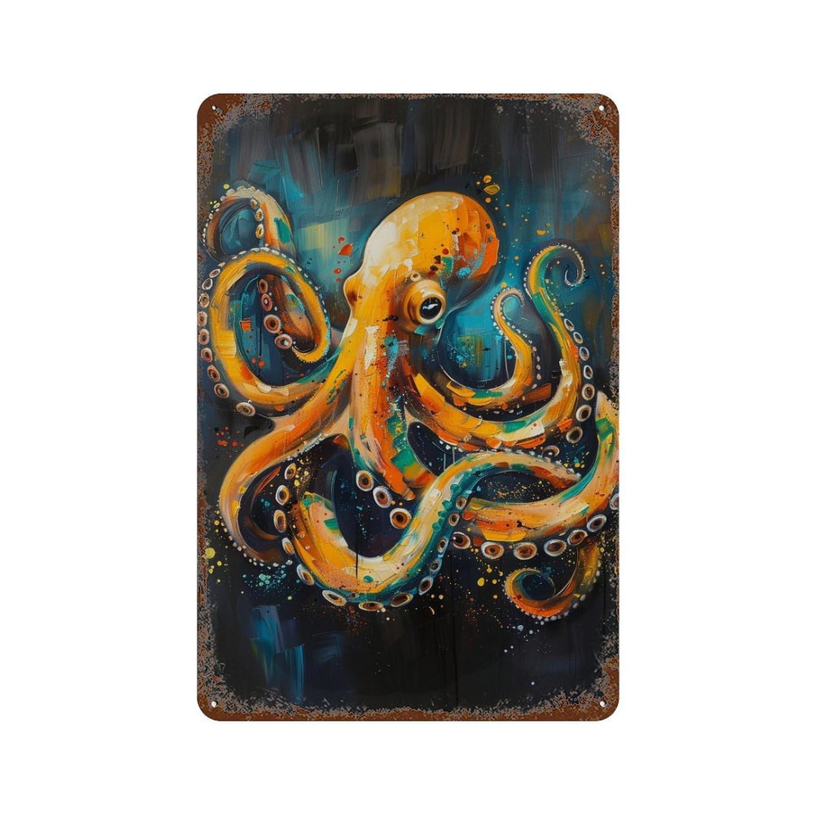 Abstract Octopus Art Print Rust Effect Tin Sign 11.8"x7.9", Industrial Home Decor for Basement, Hobby Room And Garage Decor