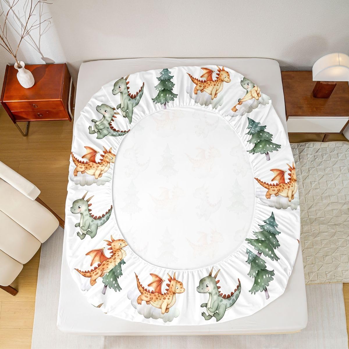 Cute Dragon Fitted Sheet Twin Size,Pine Trees Clouds Kids Bedding Set 2pcs,Cartoon Dragon Wild Animals Deep Pocket Sheets Bedroom Decor,White Yellow Green Bed Cover,1 Pillowcase (No Flat Sheet)