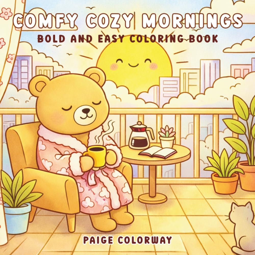 Comfy Cozy Mornings: Bold and Easy Adult Coloring Pages with 40 Cute Kawaii Animals for Stress Relief and Relaxation