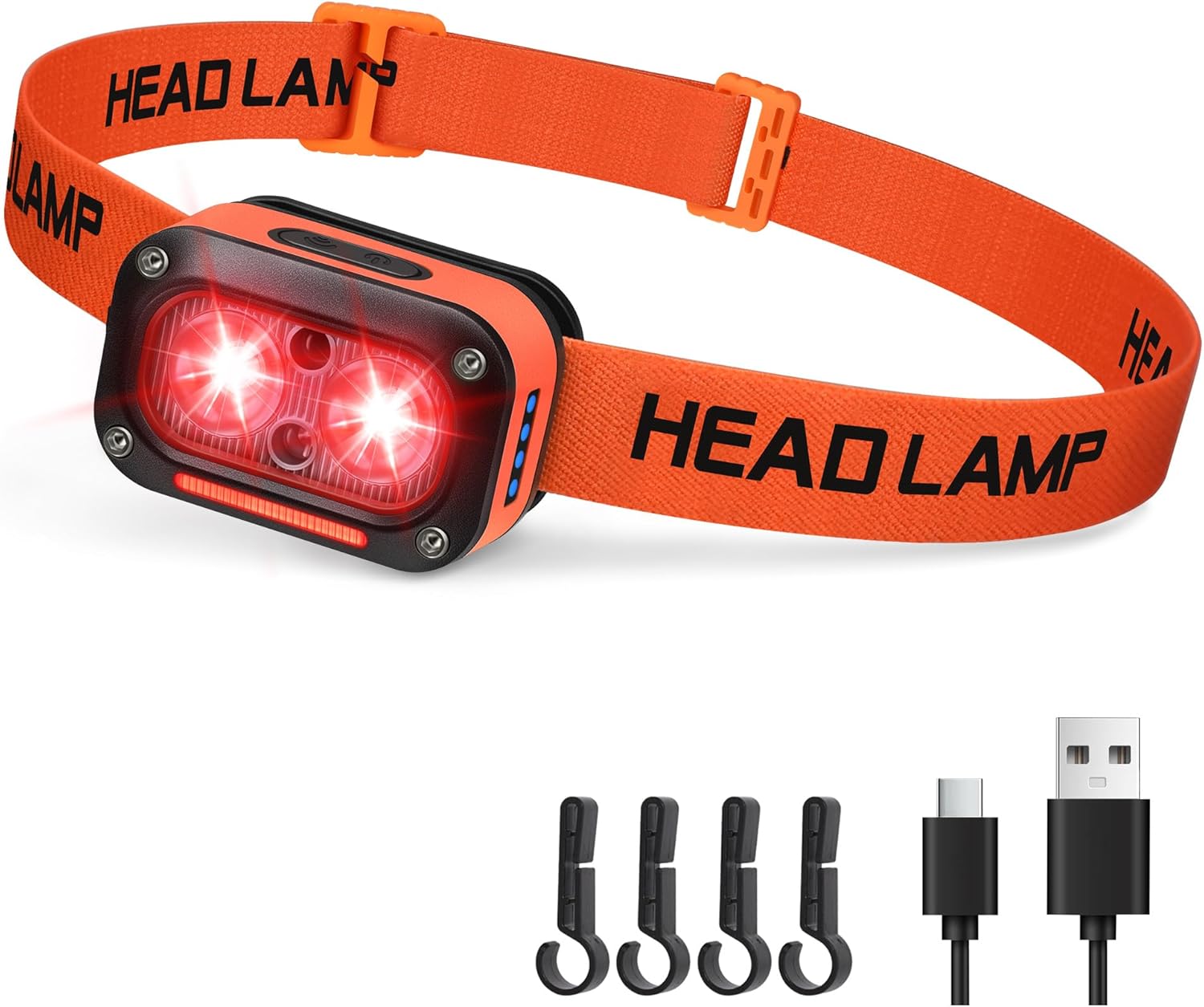 DARKBEAM Red LED Headlamp Dual Light High Lumens USB Rechargeable Redlight Headlight for Hardhat with Motion Sensor, Up/Down Adjustable, Waterproof Head Lamps for Camping, Fishing, Hunting