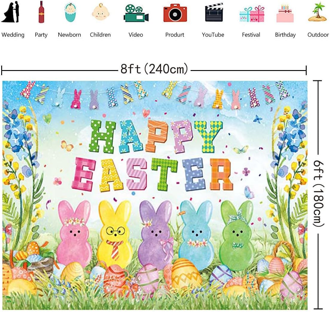 Happy Easter Banner Backdrop Colorful Bunny Egg Easter Photoshoot Background Spring Cute Rabbit Kids Party Decorations Banner Photo Props (8x6FT(94 x 70 inch))
