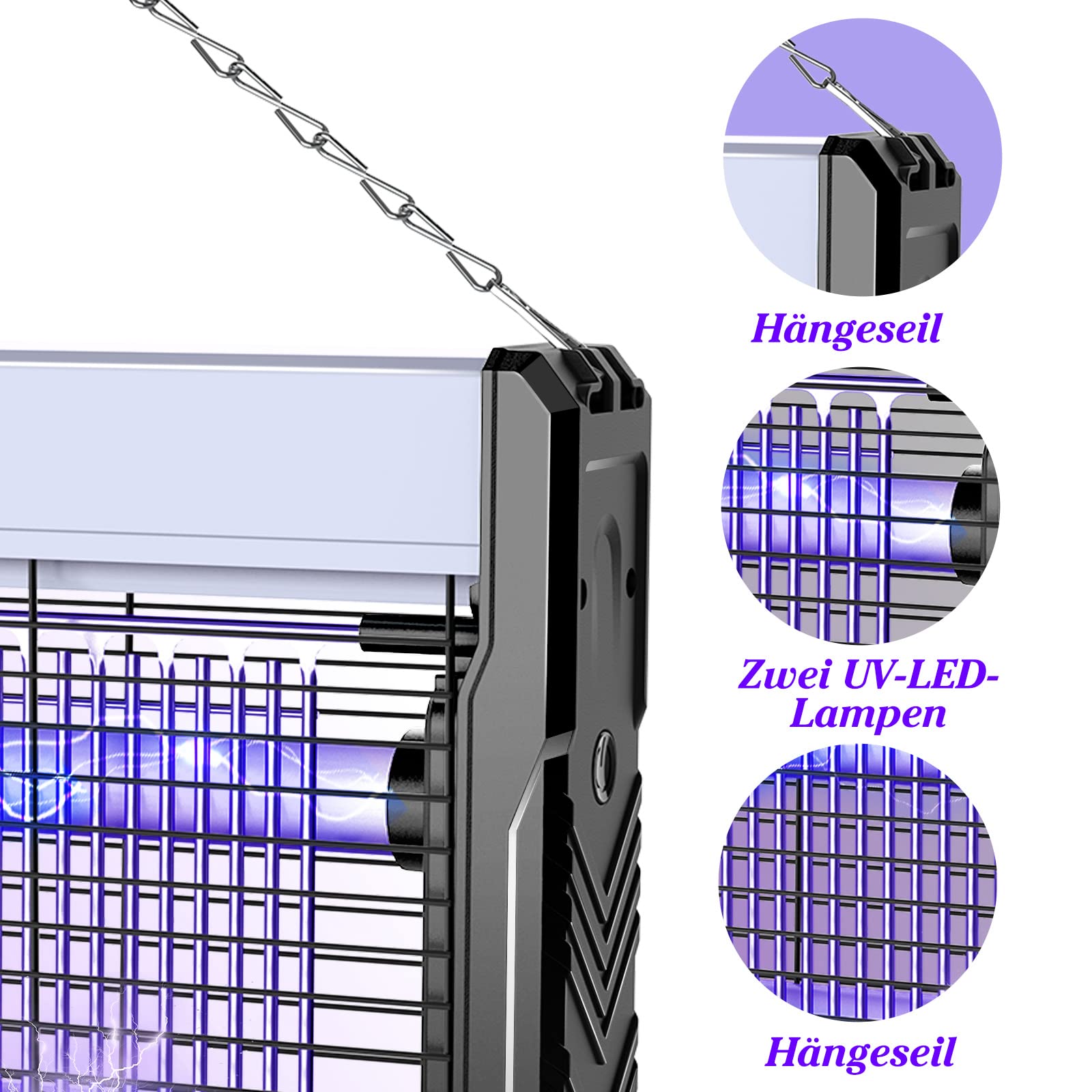 Insektenvernichter Elektrischer USB, 3200V UV Mückenlampe Wandmontierter Bug Zapper mit Kabel, Insektenlampe Elektrische Fliegenfalle Mückenfalle Fliegenfänger Insektenfalle für Innen Außen