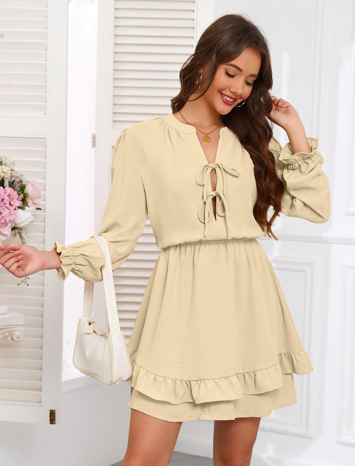 Angashion Womens Tie Front Mini Dress: V Neck Long Sleeve Layer Ruffle Hem Dress with Pockets - Image 4