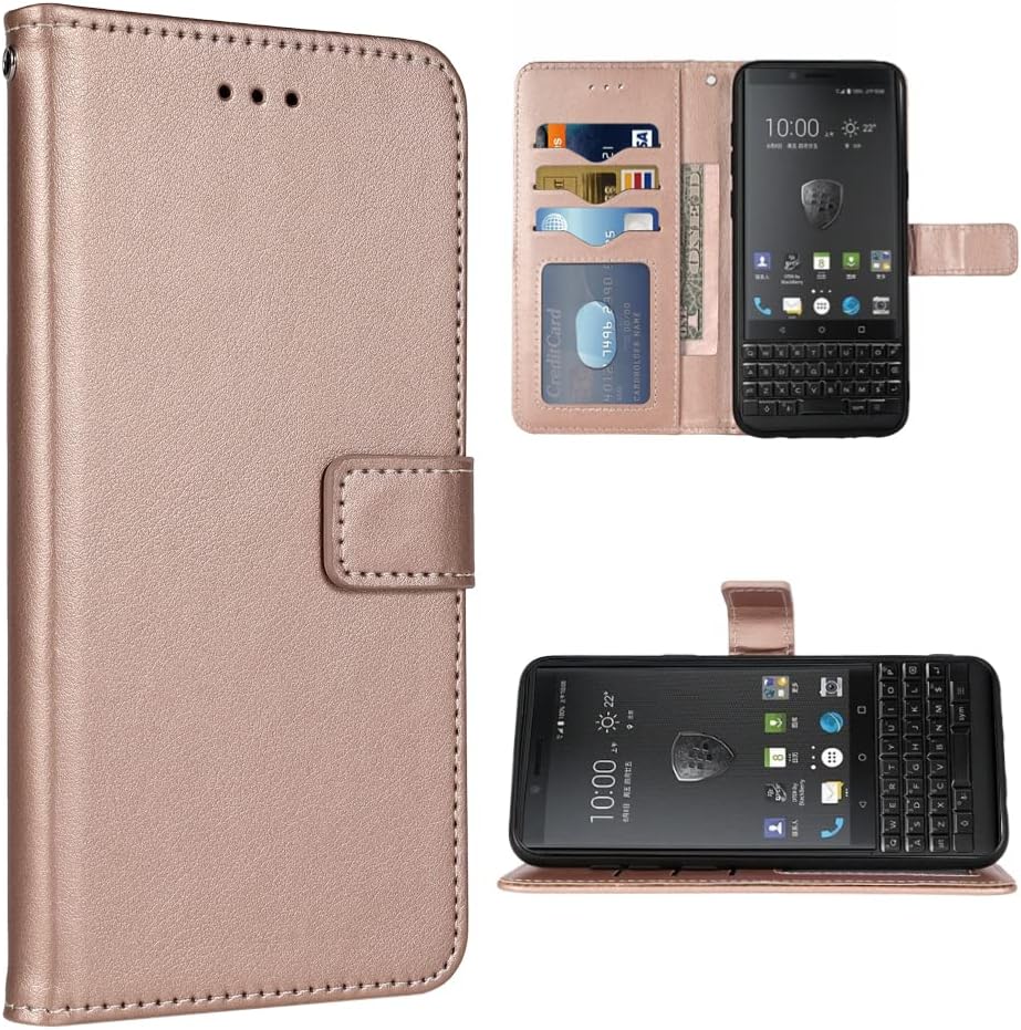 Compatible with BlackBerry KEY2 Wallet Case Wrist Strap Lanyard Leather Flip Cover Card Holder Stand Cell Accessories Folio Purse Credit Phone Cover for Key 2 Two KEYtwo Women Men Rose Gold