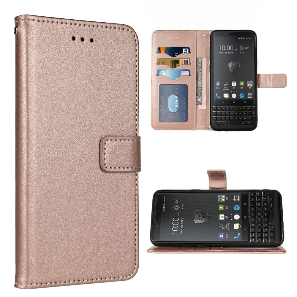 Compatible with BlackBerry KEY2 Wallet Case Wrist Strap Lanyard Leather Flip Cover Card Holder Stand Cell Accessories Folio Purse Credit Phone Cover for Key 2 Two KEYtwo Women Men Rose Gold
