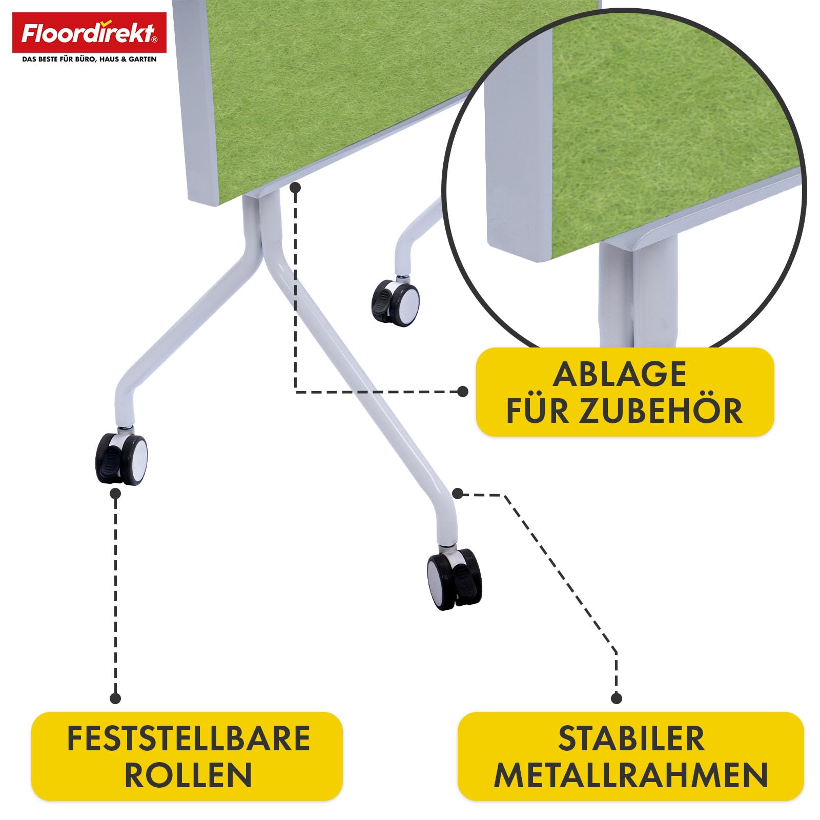 Floordirekt Dwustronna tablica do moderacji, 80 x 120 cm, tablica prezentacyjna z regulowanymi rolkami – tablica filcowa do przypinania – stabilna metalowa rama – Giant (zielona)