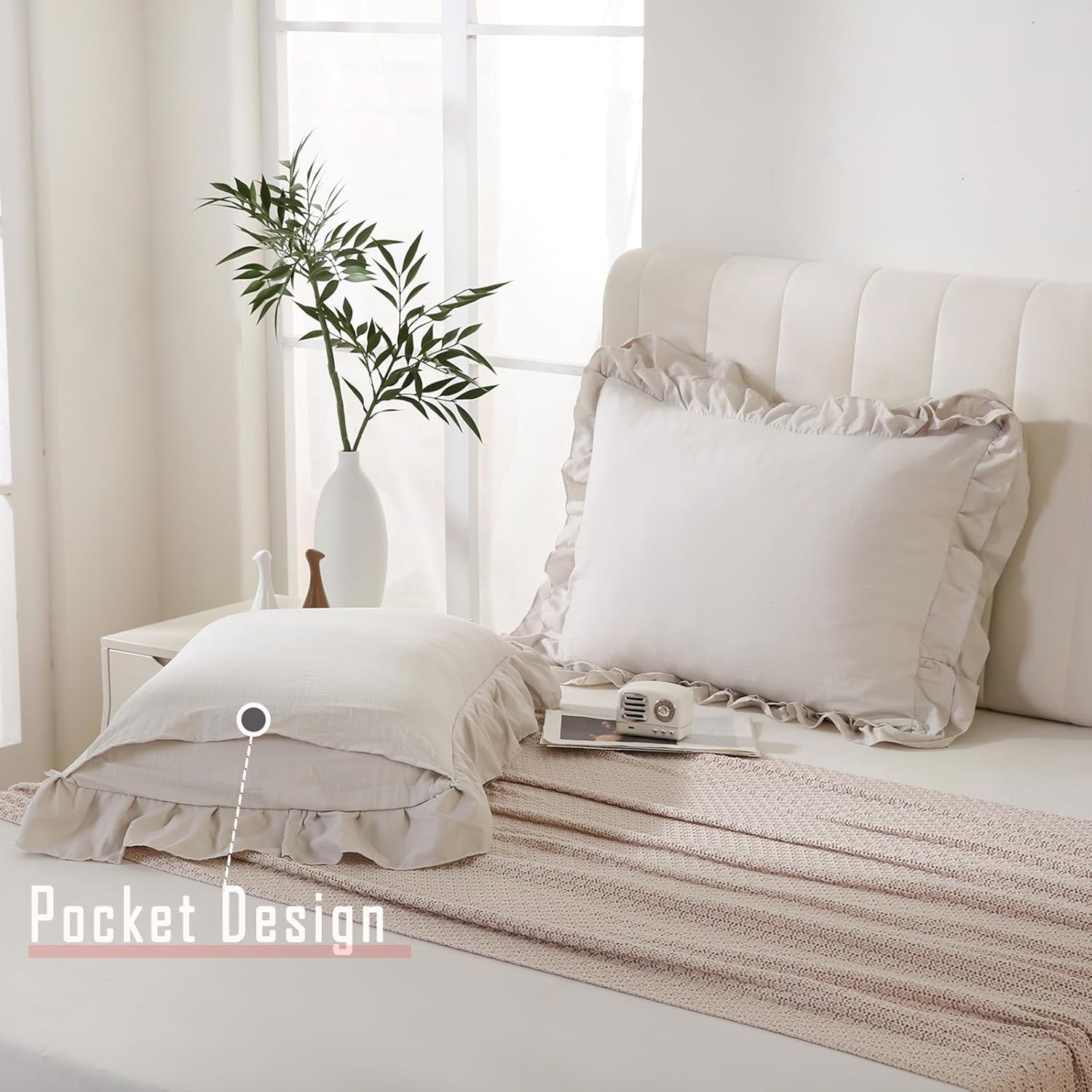 Bedbay Beige Pillow Cases Queen Size Set of 2,Ruffle Pillow Shams,Shabby Chic Pillow Cases Standard Size,Vintage Ruffled Decorative Pillow Covers,Soft Microfiber Boho Bed Pillowcases 2 Pack