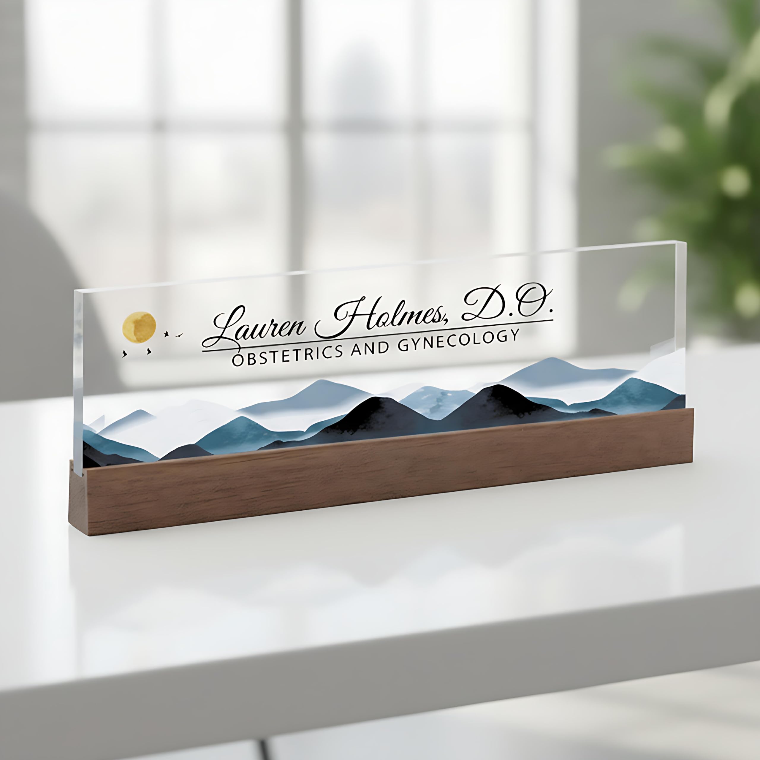 ARTBLOX | Office Personalized Name Plate Mountains Design On Clear Acrylic Glass for Desk with Business Card Holder