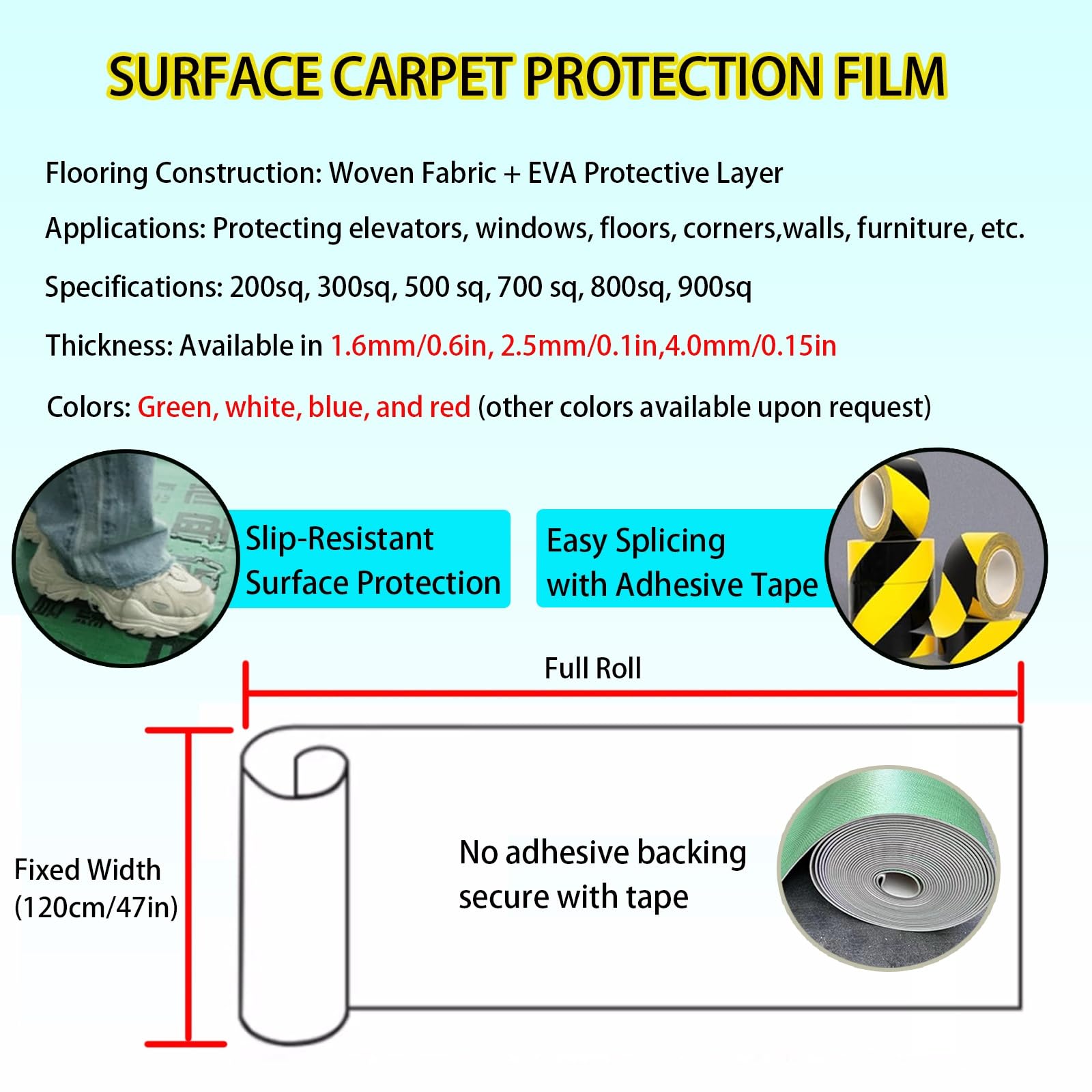 Película de protección de Piso Protector Antideslizante for alfombras de Alta Resistencia, Rollo de protección Temporal for Pisos de Madera, Azulejos y bañeras.(2mm/0.08in,500sq(w3.9XL137'))