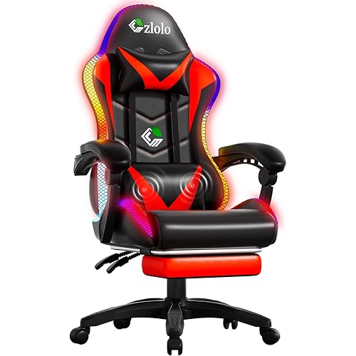 Czlolo Gaming Chair, Racing Style RGB LED Lights Gaming Chairs for Adults and Kids, Lumbar Massager Gamer Chair, High Back Reclining Computer Chair with Footrest and Headrest (Black/Red)