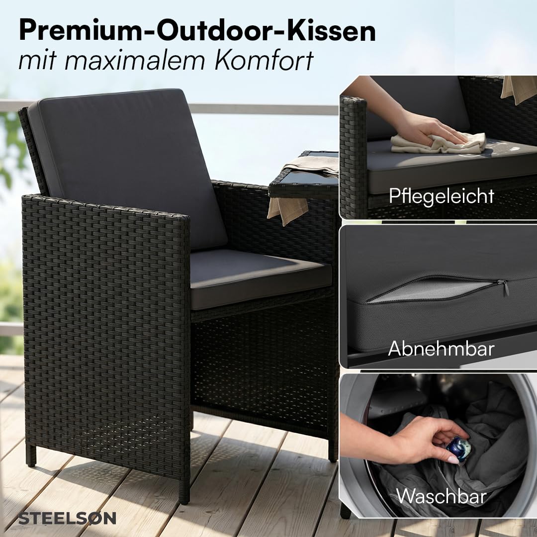 STEELSØN Xenara Essgruppe 3-teilig Schwarz/Anthrazit – Balkonmöbel Set platzsparend – Outdoor Rattan Sitzgruppe – klappbare Stühle mit Sitzkissen – Tisch mit Glasplatte – Gartengarnitur für 2 Personen
