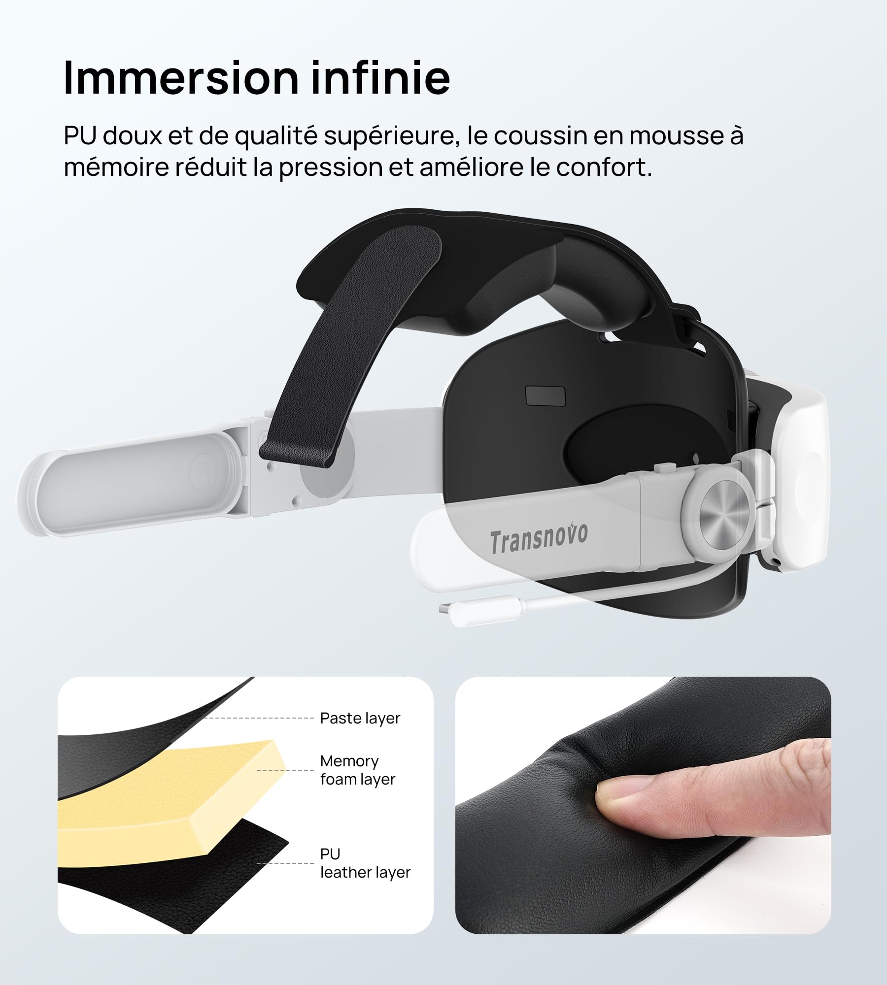 TRANSNOVO 6000 mAh Sangle de tête Compatible avec Oculus Quest 2/Quest 3/Quest 3S, Accessoires VR, Sangle Elite réglable de Remplacement, Support de Confort amélioré et sans Pression