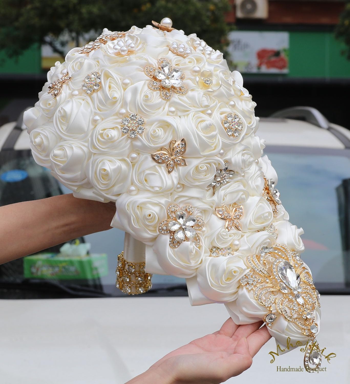 Mazzo di fiori artificiali per sposa e damigella d'onore (avorio, 43,9 x 22,1 cm)