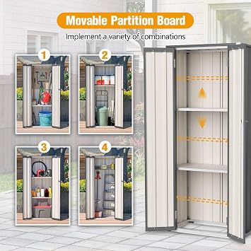 BIRCHTREE Metal Garden Storage Box Cabinet with Shelves, Waterproof Outdoor Vertical Shed for Tools and Patio Use, Grey
