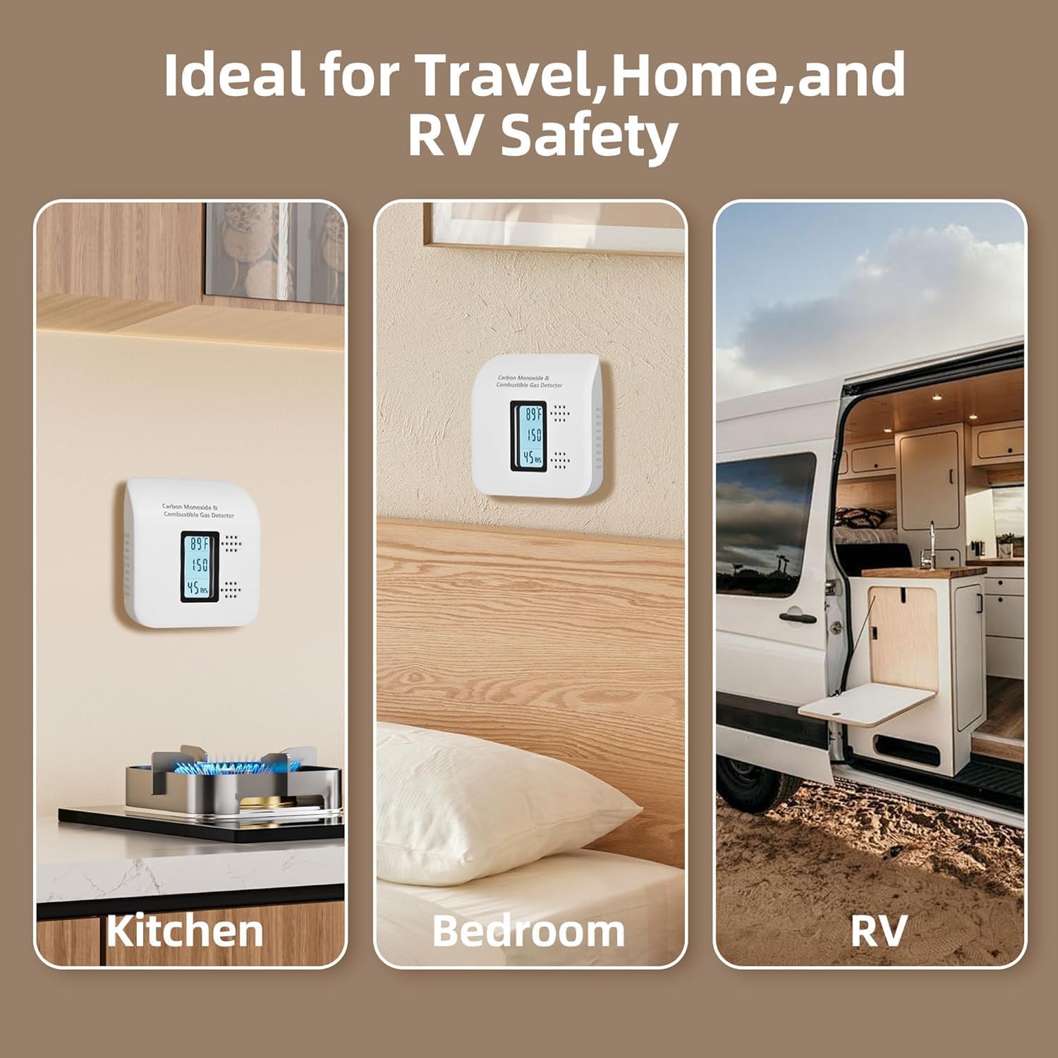 Natural Gas Leak Detector and Carbon Monoxide Detectors, 4 in 1 Plug in with Temperature & Humidity Monitor CO Methane Propane Alarm for Home RV Hotel (1 Pack)