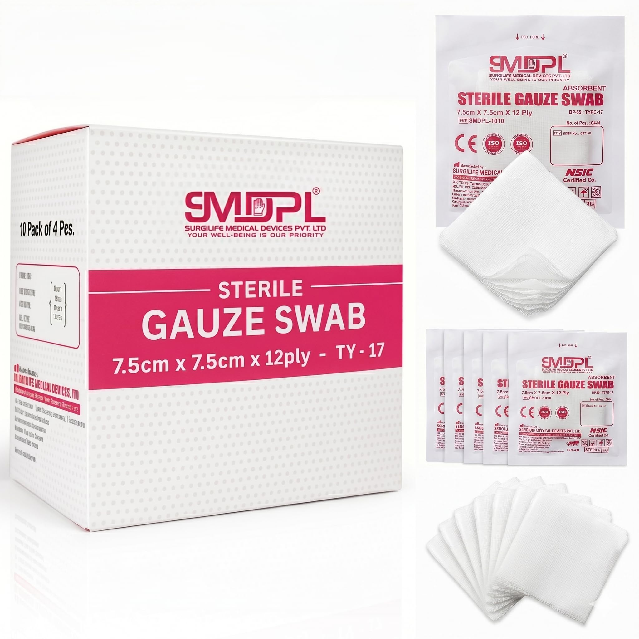 SMDPL Sterile Gauze Swabs 7.5CM X 7.5CM X 12Ply | High Absorbency First Aid & Dressing Swabs - Box of 10 Pouch, 40pcs